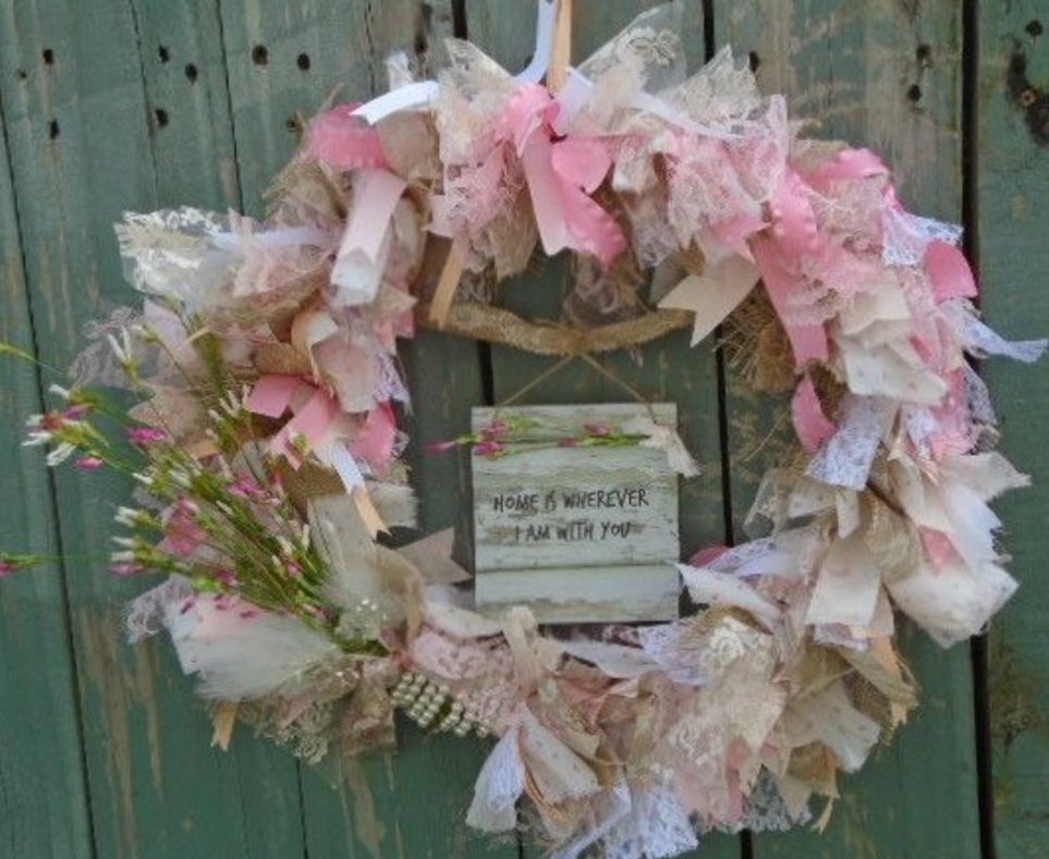 SHABBY CHIC WREATH Ribbon Lace Burlap Pink White French Handmade Spring Easter