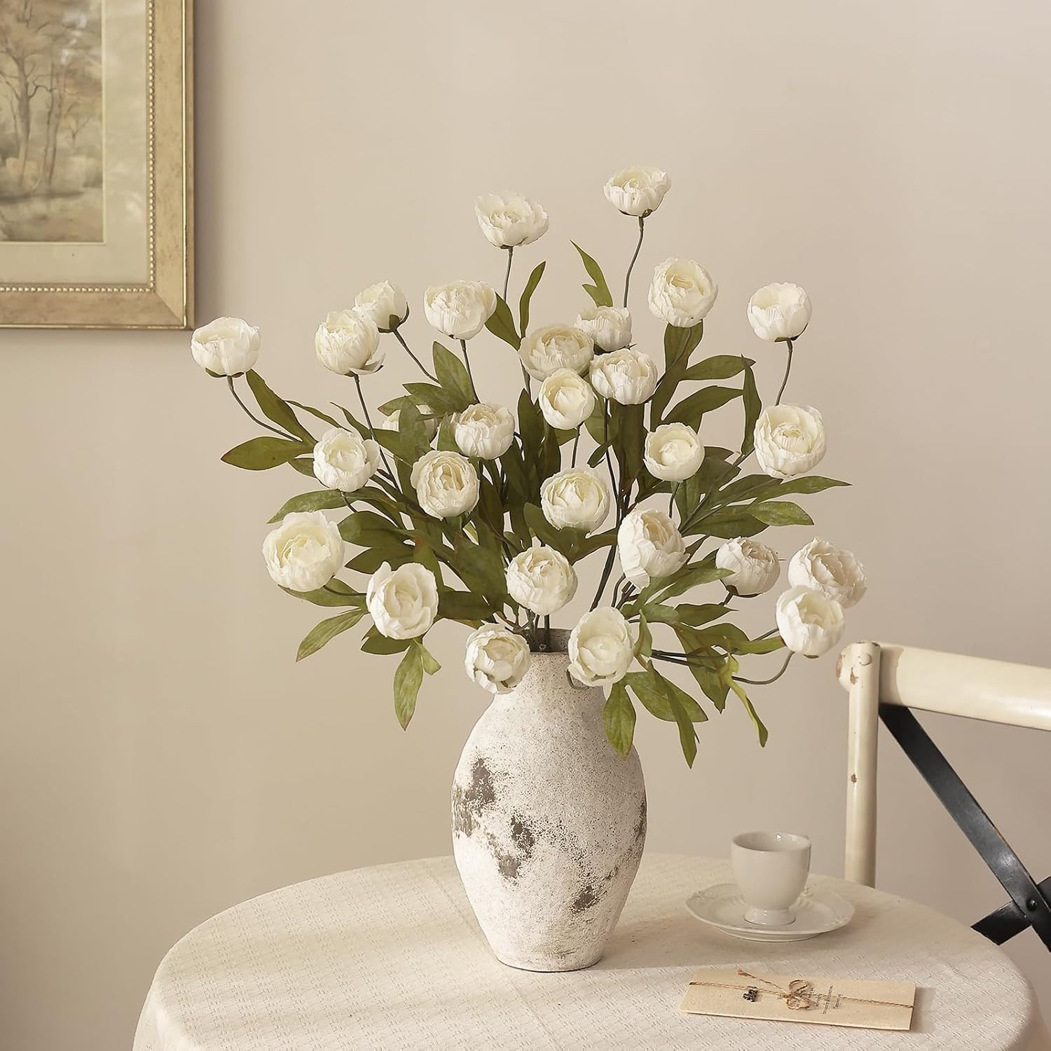 6 PCS 27″ Cream Artificial Peony Branches – Realistic Silk Flowers for Home Deco