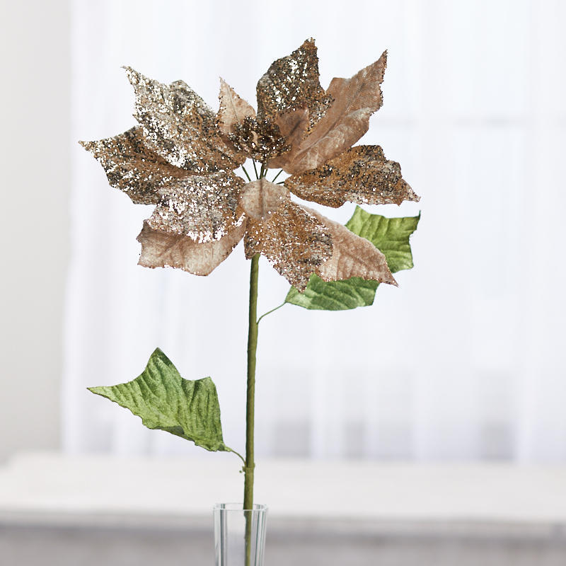 Package of 2 Platinum Velvet and Glitter Poinsettia 21″ Stems with 7″ Blooms