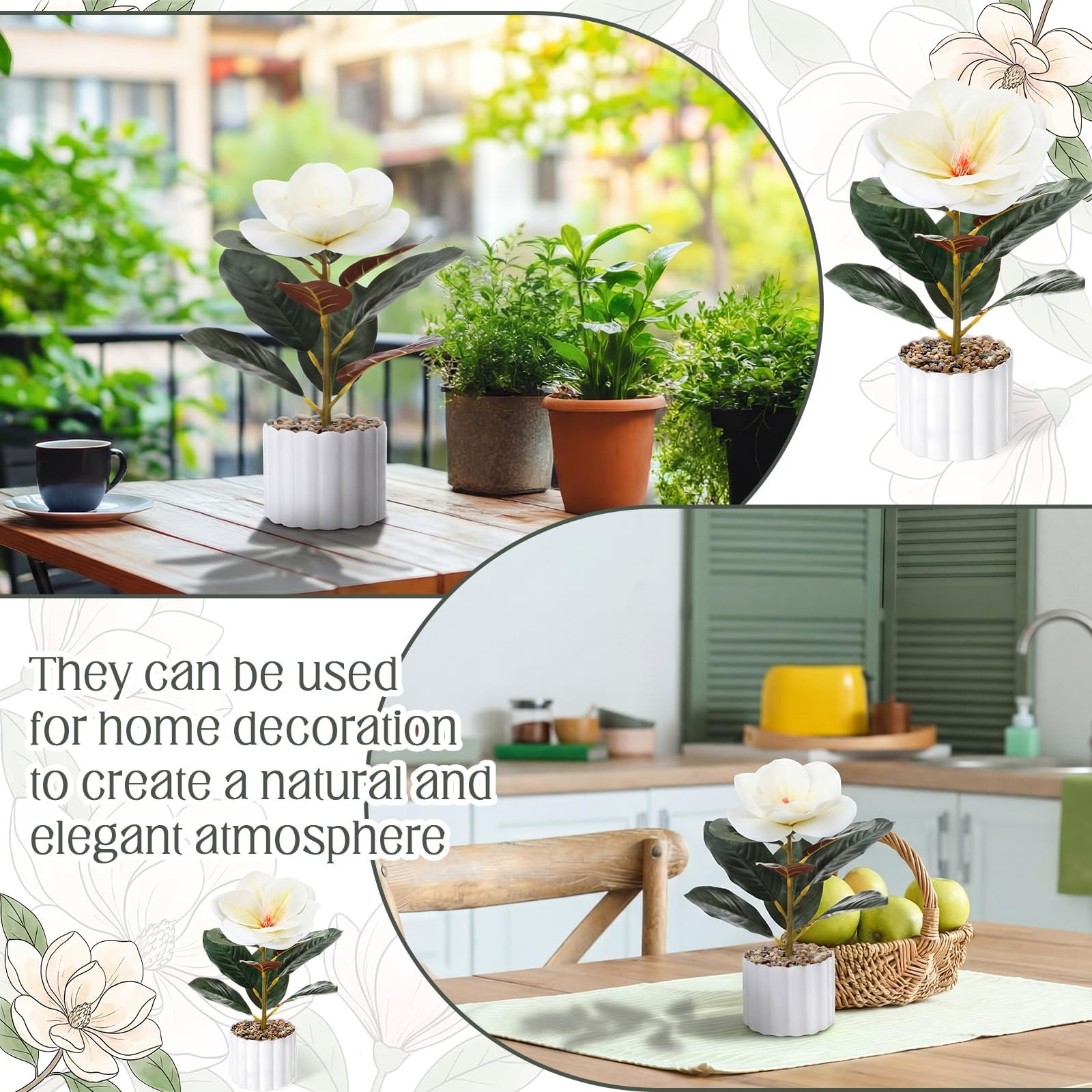 2 Pack 10.6″ Artificial Magnolia Flowers Potted Plant Real to Touch White Mag…