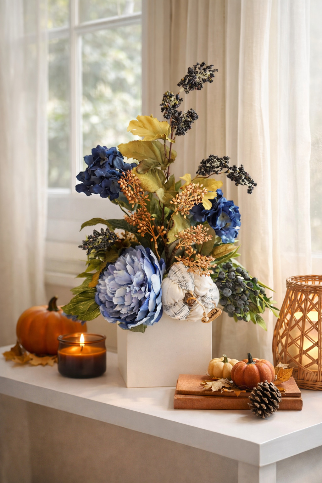 Navy Blue Fall Floral Arrangement Pumpkin Accent, Autumn Magnolia Arrangement