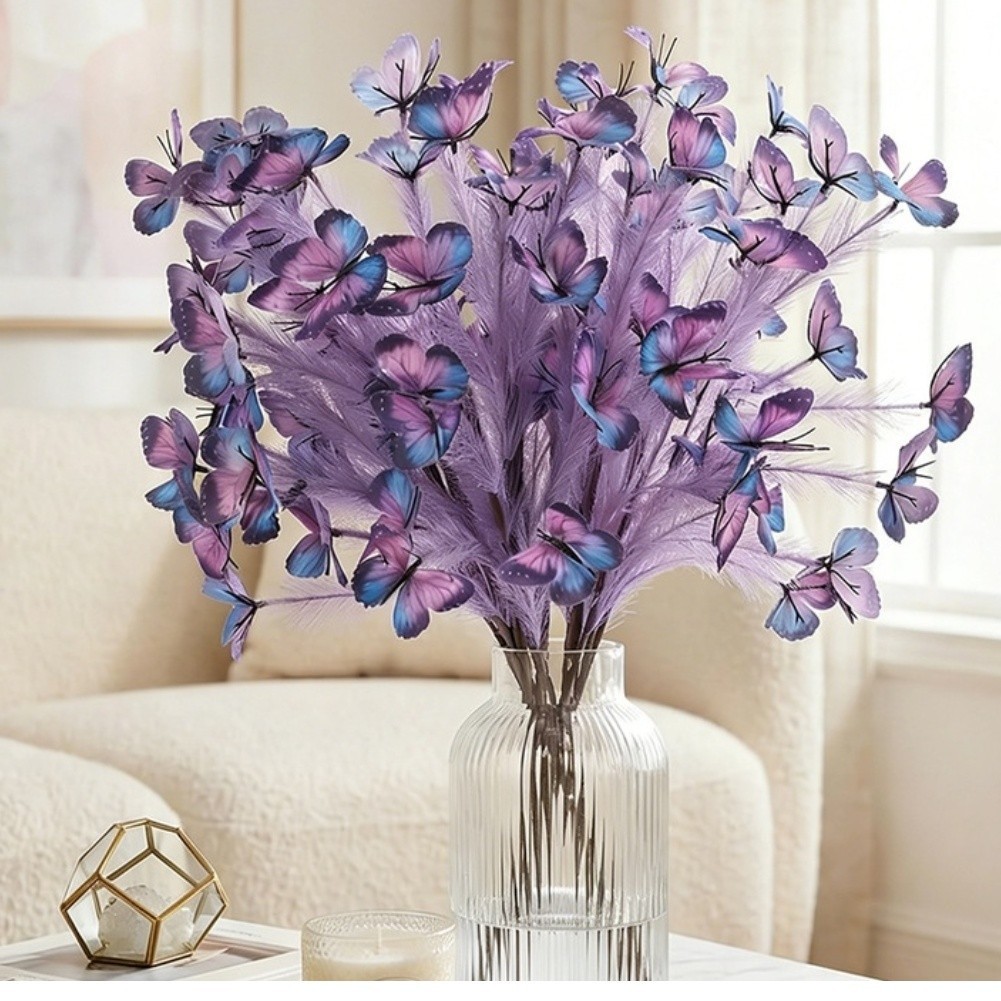 Artificial Butterfly Flower Stalk 65x6cm Purple Plastic Silk for Party Home Use