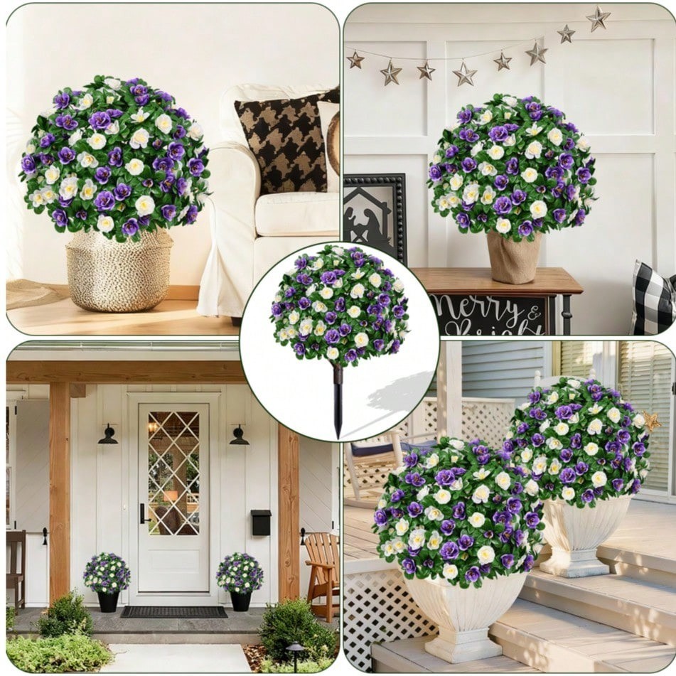 2 Pack Artificial Topiary Ball Trees UV Resistant Fake Shrubs For Outdoor Decor