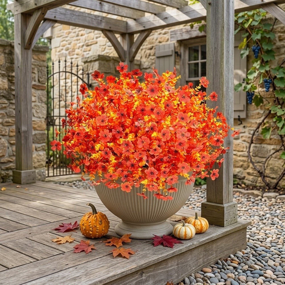 12 Pack Artificial Orange Mums For UV Resistant Autumn Flowers 35cm Plastic