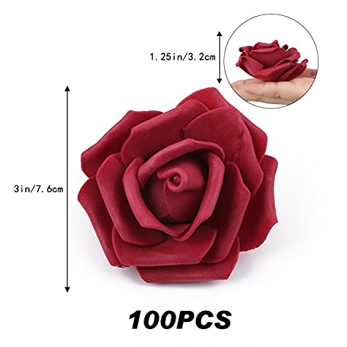 200pcs Burgundy Artificial Foam Rose Flower Head, 3-Inch Fake Flower Heads St.