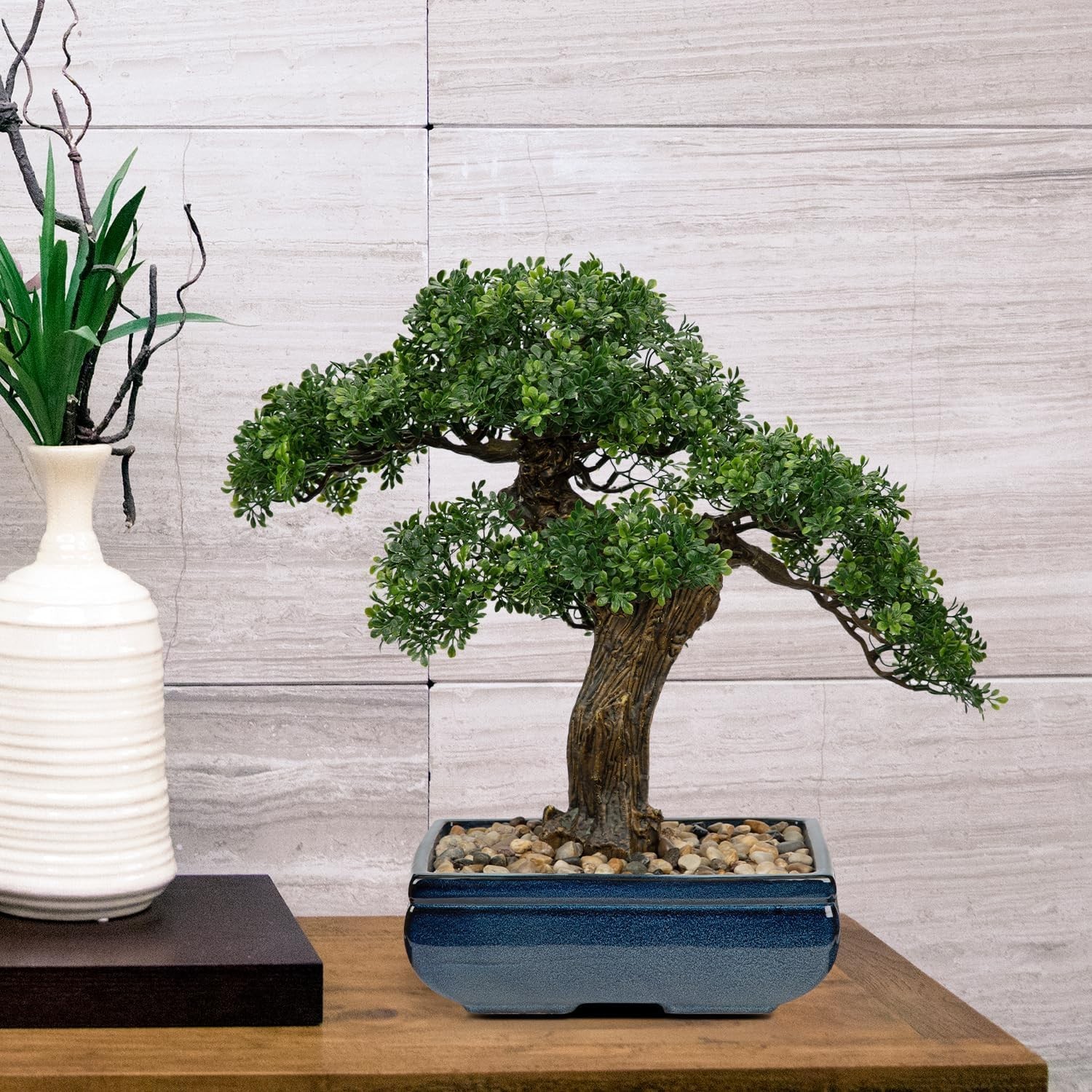 Mini Juniper Bonsai Tree with Blue Ceramic Pot**-/`