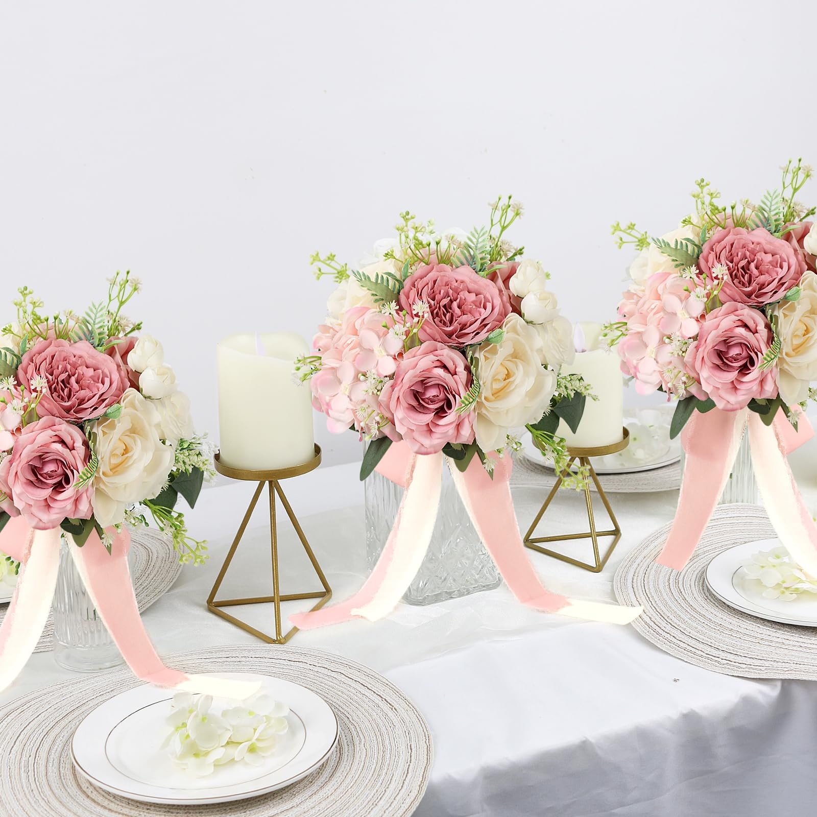 2 PCS Wedding Bridesmaid Bouquets 7 Inch Artificial Flowers Pink White Decor