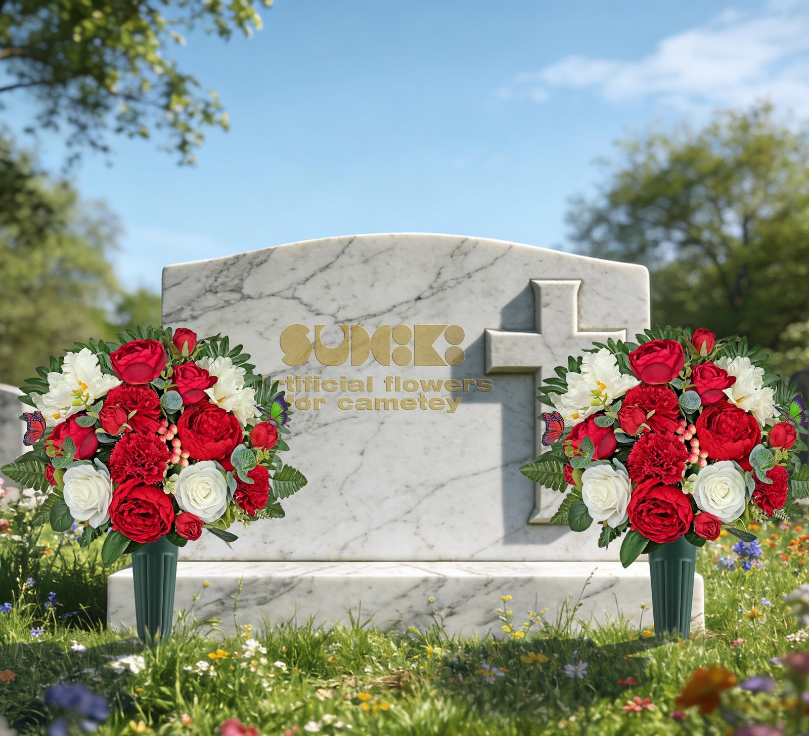 Cemetery Flowers with Vases for Grave Decor, Silk Lily Rose Carnation，Headsto…