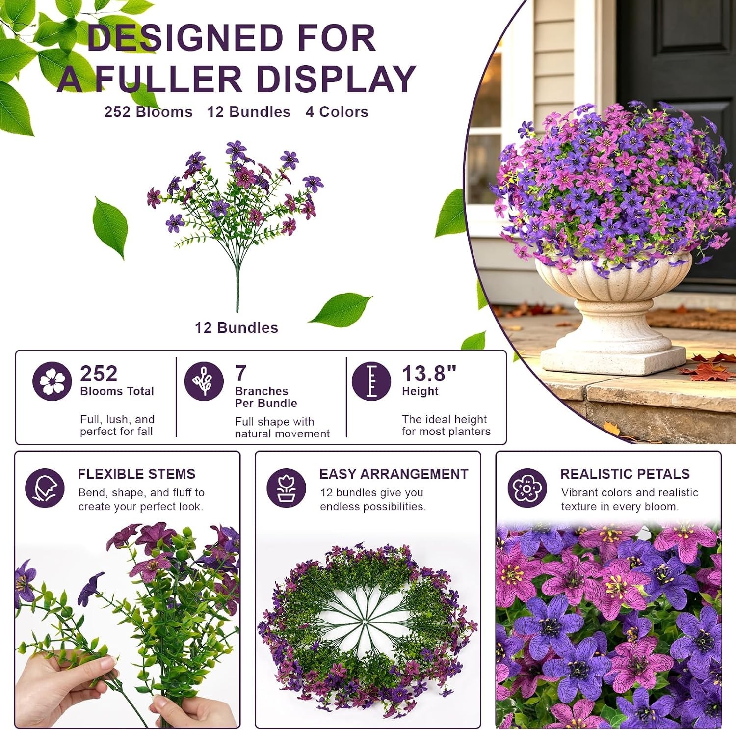 12 Bundles Artificial Mums Flowers 252 Heads UV Resistant Faux Daisy Purple