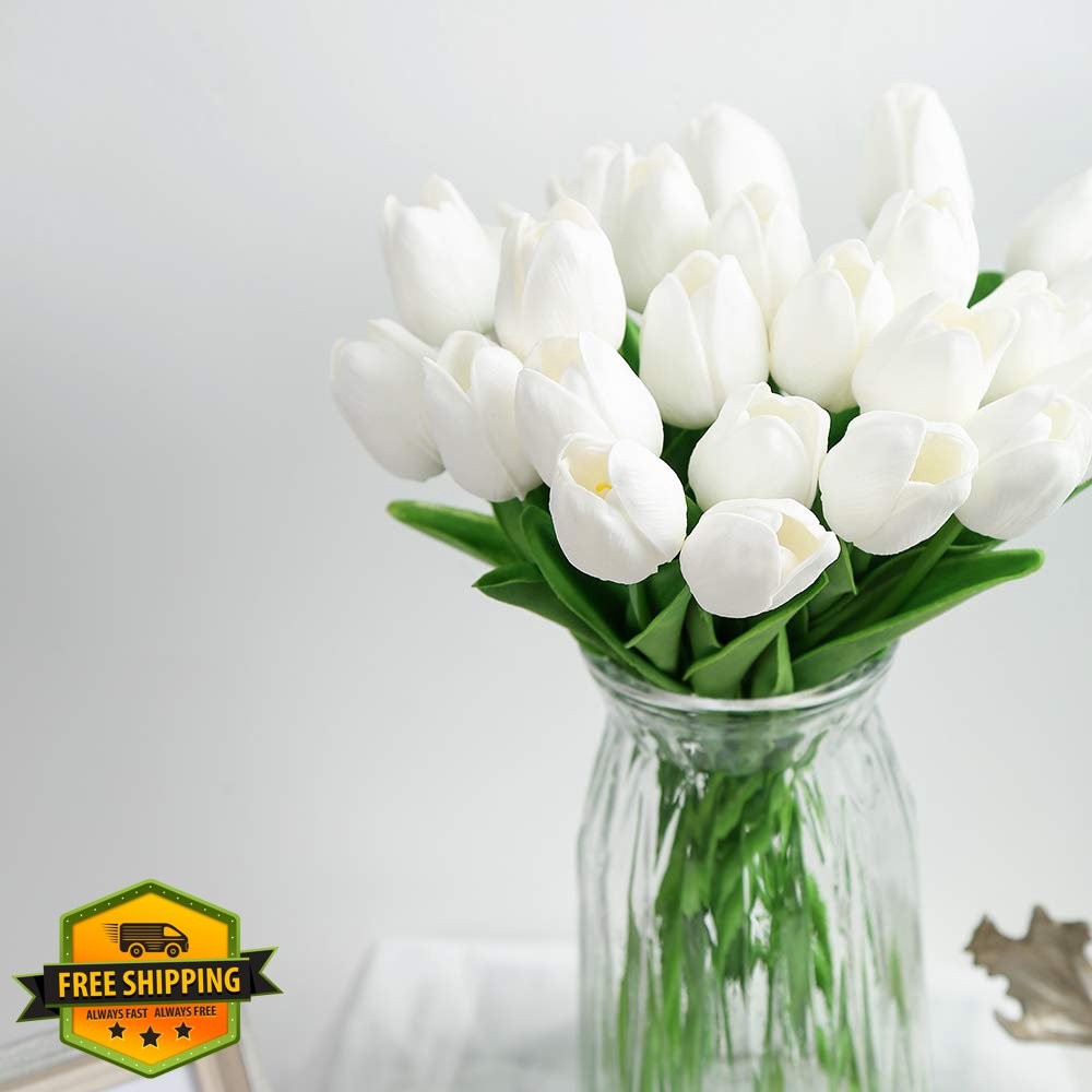 IPOPU 24pc White Tulips Real Touch Artificial Flowers Wedding Table Decor