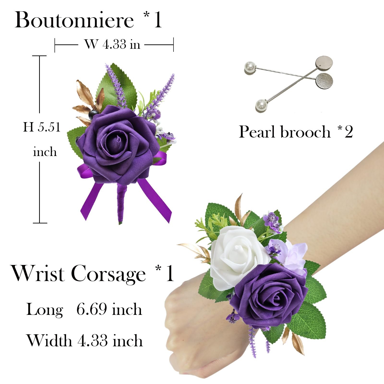 2Pcs Dark Purple Corsage and Boutonniere Set,Artificial Foam Rose,Groom Bouto…