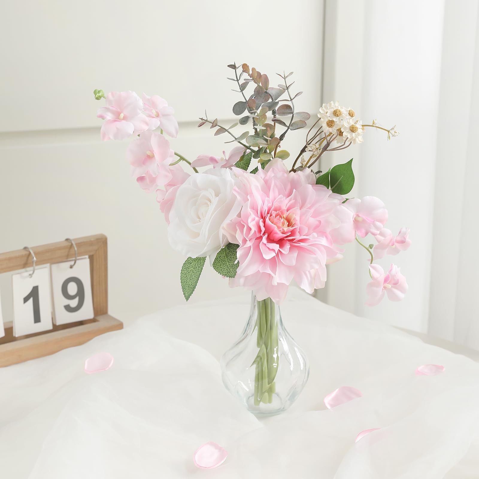 Faux Flowers Vase Small Artificial Silk Roses Fake Plant Eucalyptus Decor
