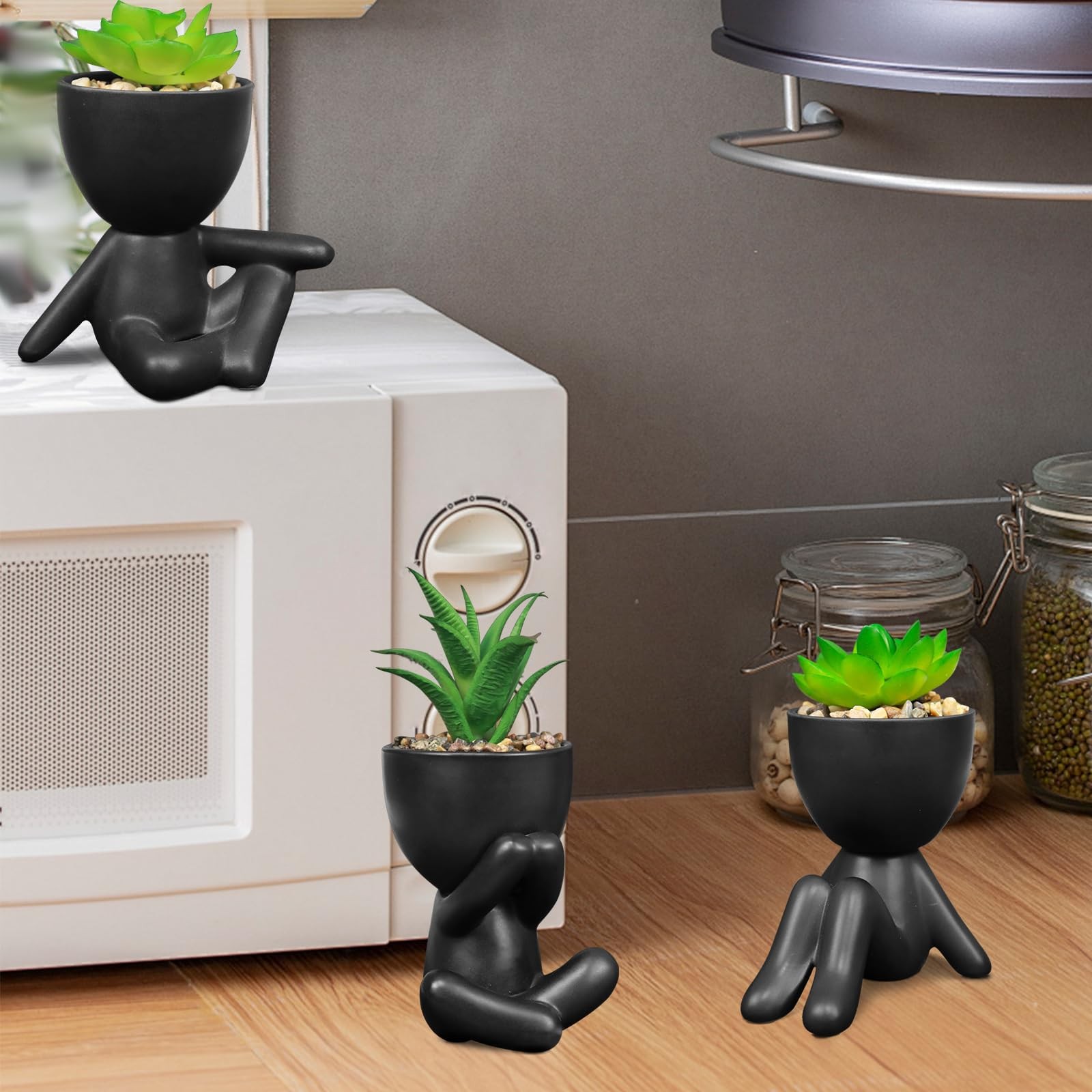 4 PCS Black Cute Fake Plants Artificial Succulent Human Shaped Pots Decor