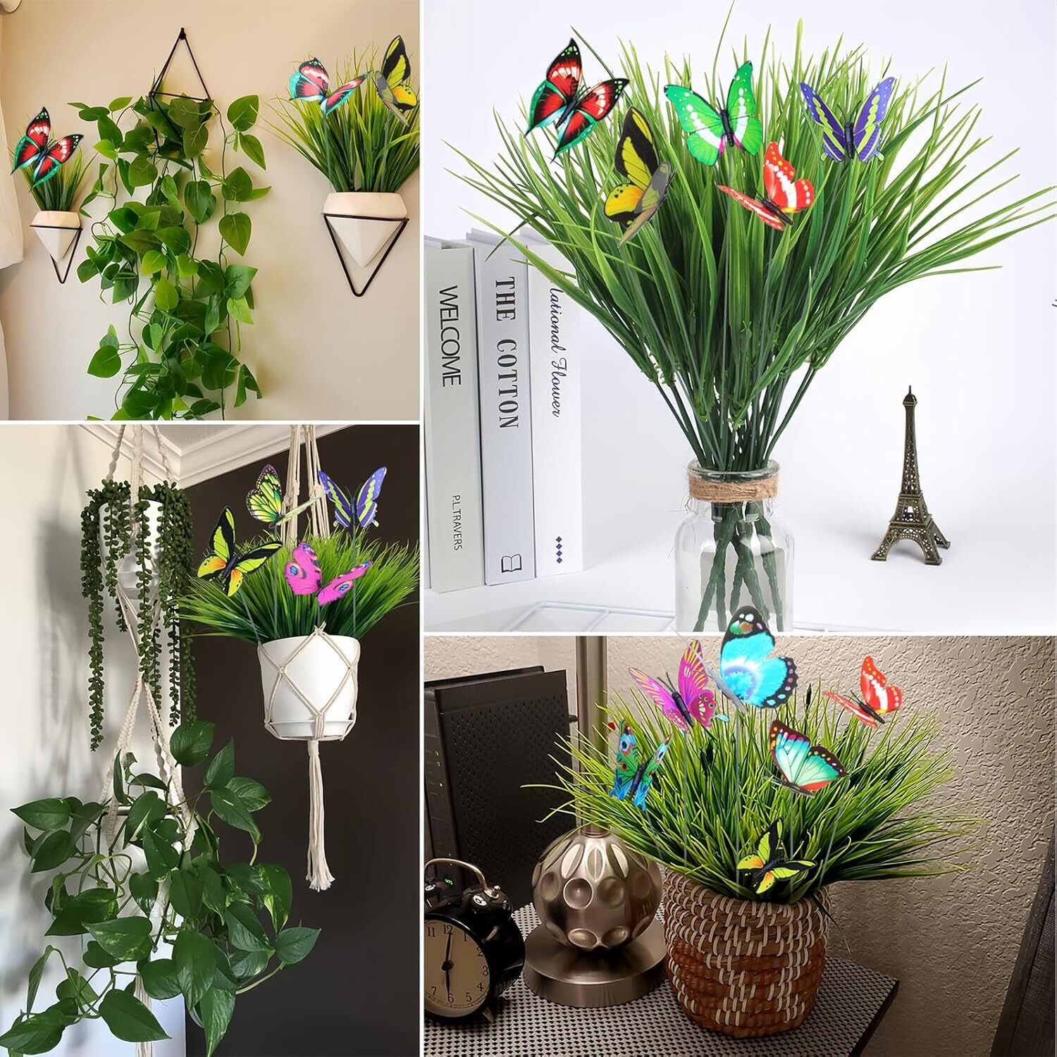 30x UV-Resistant Faux Wheat Grasses & 10x Butterflies, Green