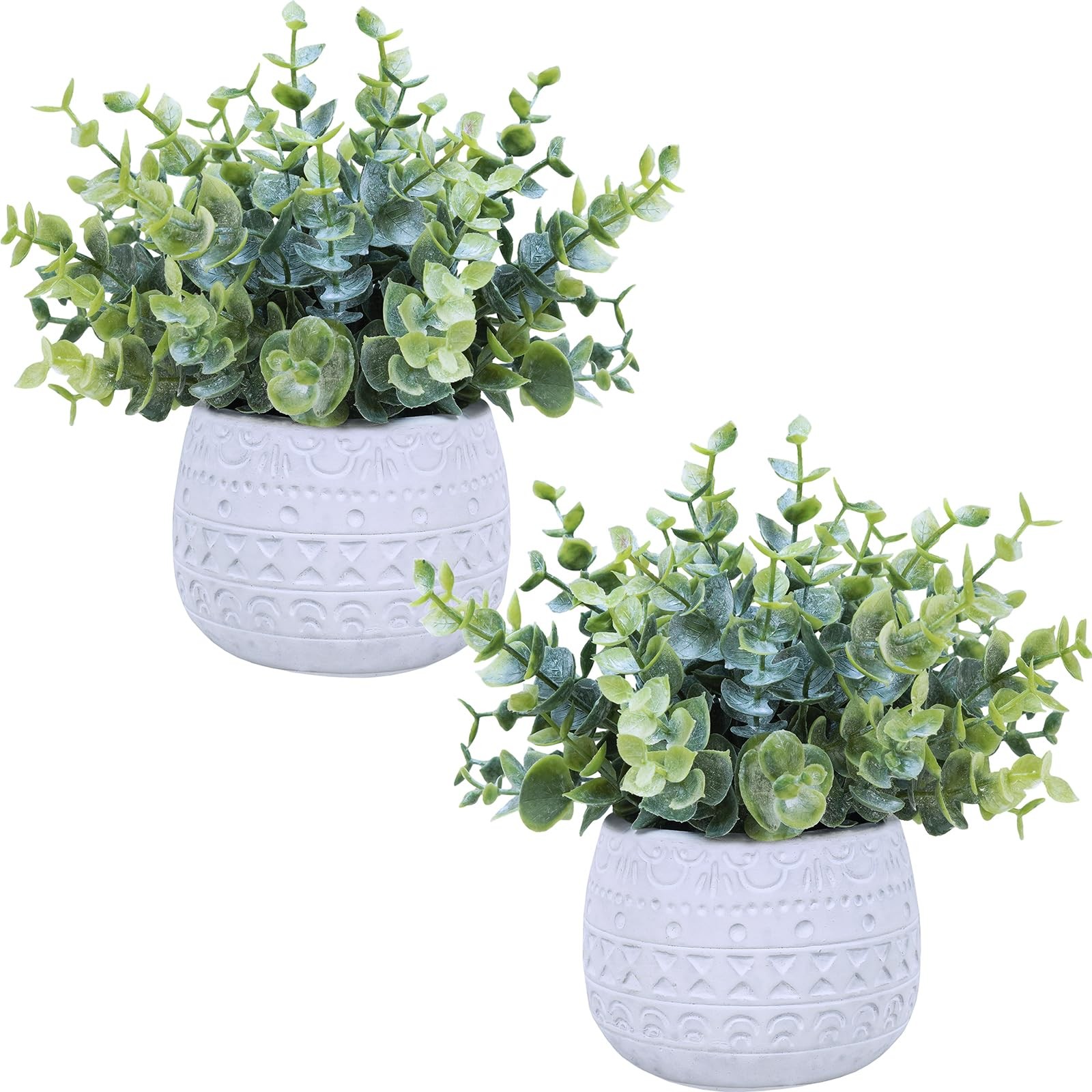 Set of 2 Small Artificial Potted Plants Faux Eucalyptus Plant in White Geomet…