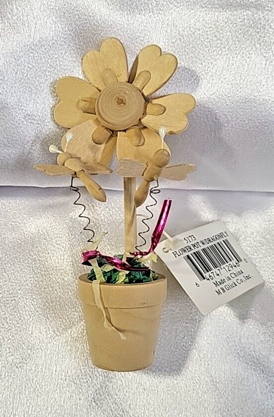 Small Wooden Flower In Pot With Two Dragonflies Paint Decor Craft DIY