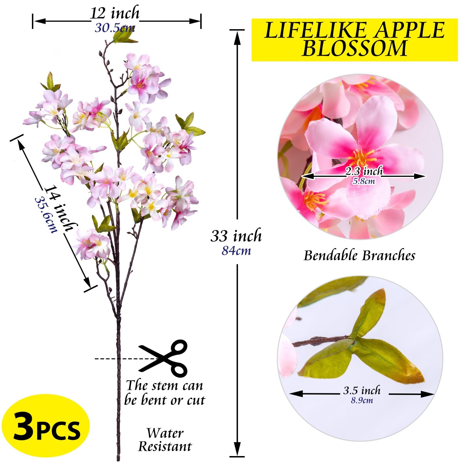 Apple Blossom Artificial Tree Branches Silk Flowers 33” Long Stems Bulk 3pcs