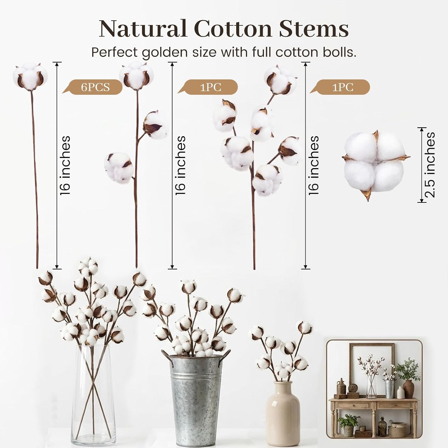 Cotton Stems 8 Packs with 15 Bolls, Natural Dried Flowers Cotton Sprigs for Vase