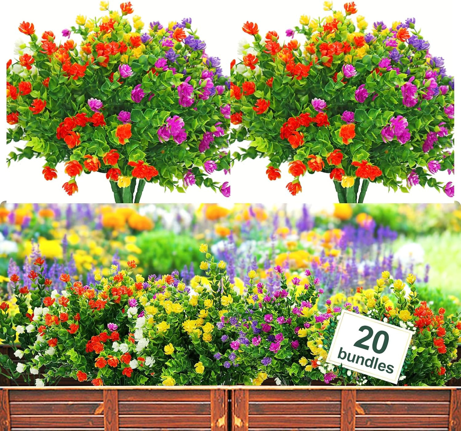 20 Bundles Artificial Flowers Outdoor Fake Plants, UV Resistant No Fade Faux Pla