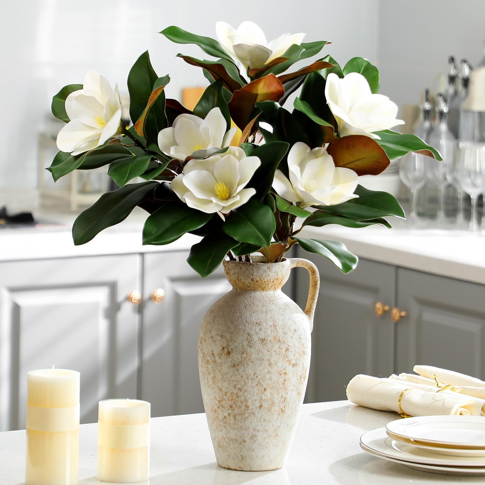 3 Pcs Artificial Magnolia Branches 25.6 Inches White Magnolia Leaves Stem Flo…