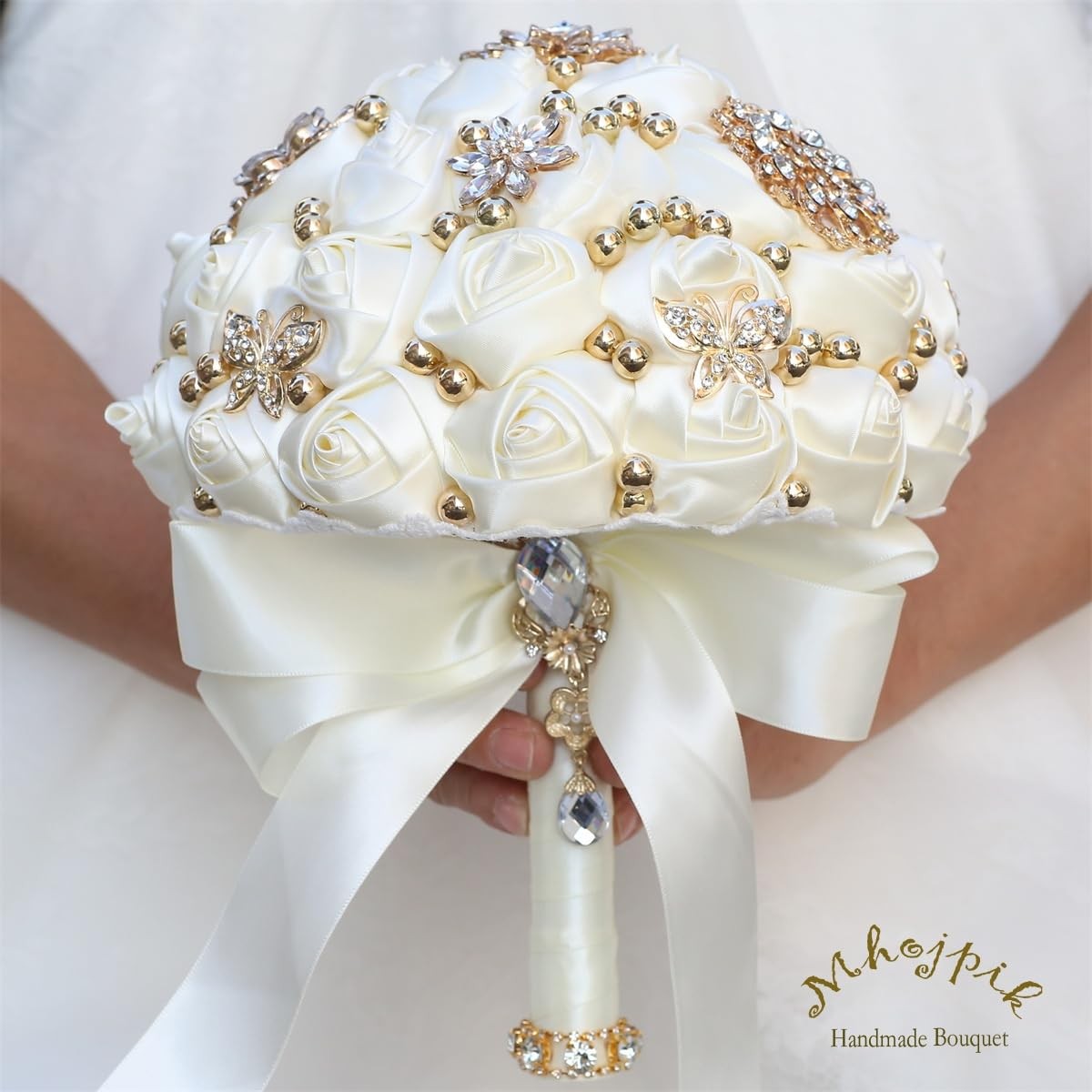Bridal Wedding Artificial Rose Flower Bouquet For Bridesmaid Ivory 7.1″