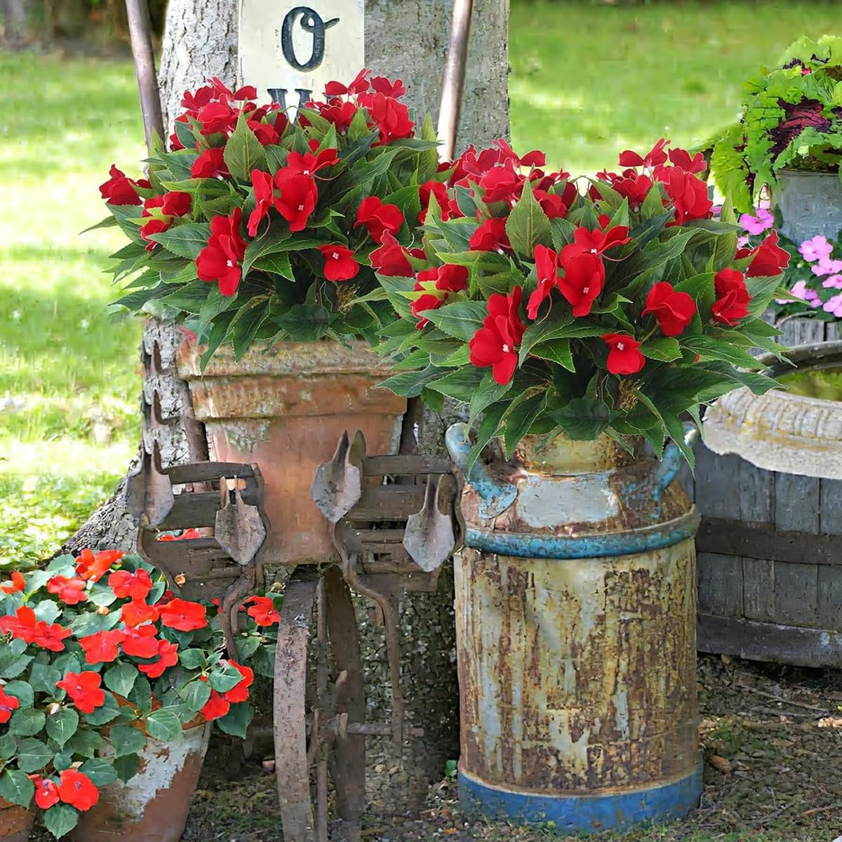 4 Pcs Artificial Impatiens Fake Flowers Bouquet for Outdoor Decor UV Resistan…