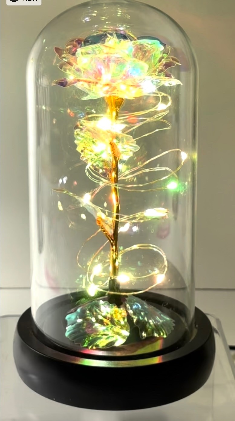 REVOLVING / MULTI-COLOR CHANGING LED LIGHT UP ROSE UNDER GLASS DOME
