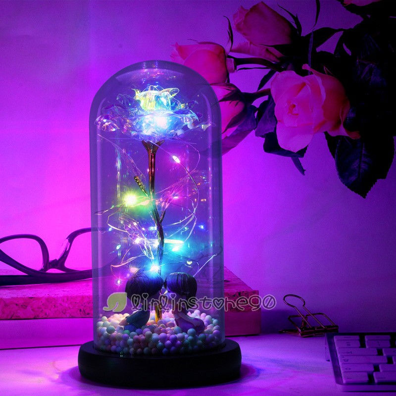 Beauty Rose Flower In Dome Glass LED Night Light Valentine’s Day Women Xmas Gift