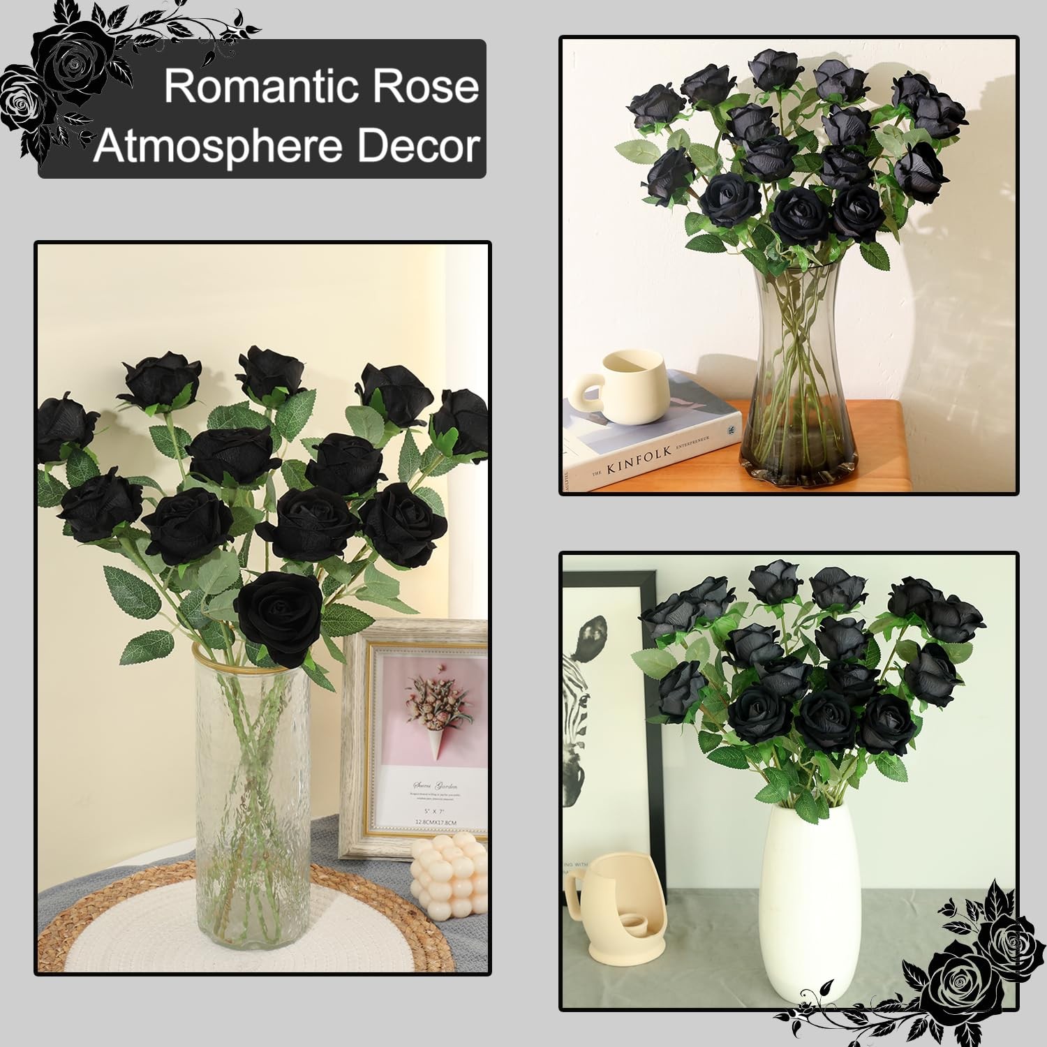 12 PCS Black Roses Artificial Flowers Faux Velvet Silk Roses Home Wedding