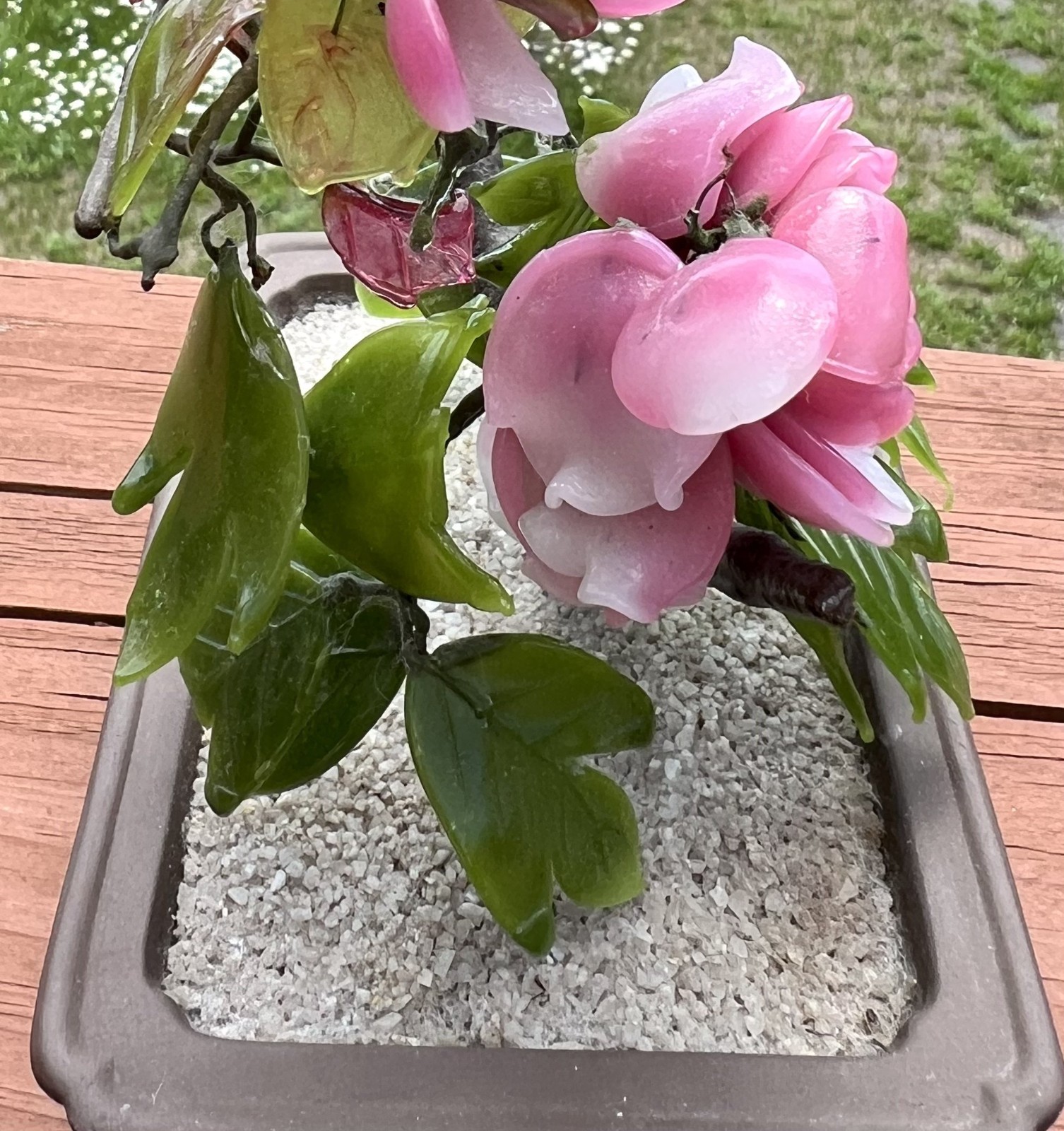 Vintage 8” Shohin Bonsai Glass Peony Tokoname Artist Signed Terra Cotta Pot