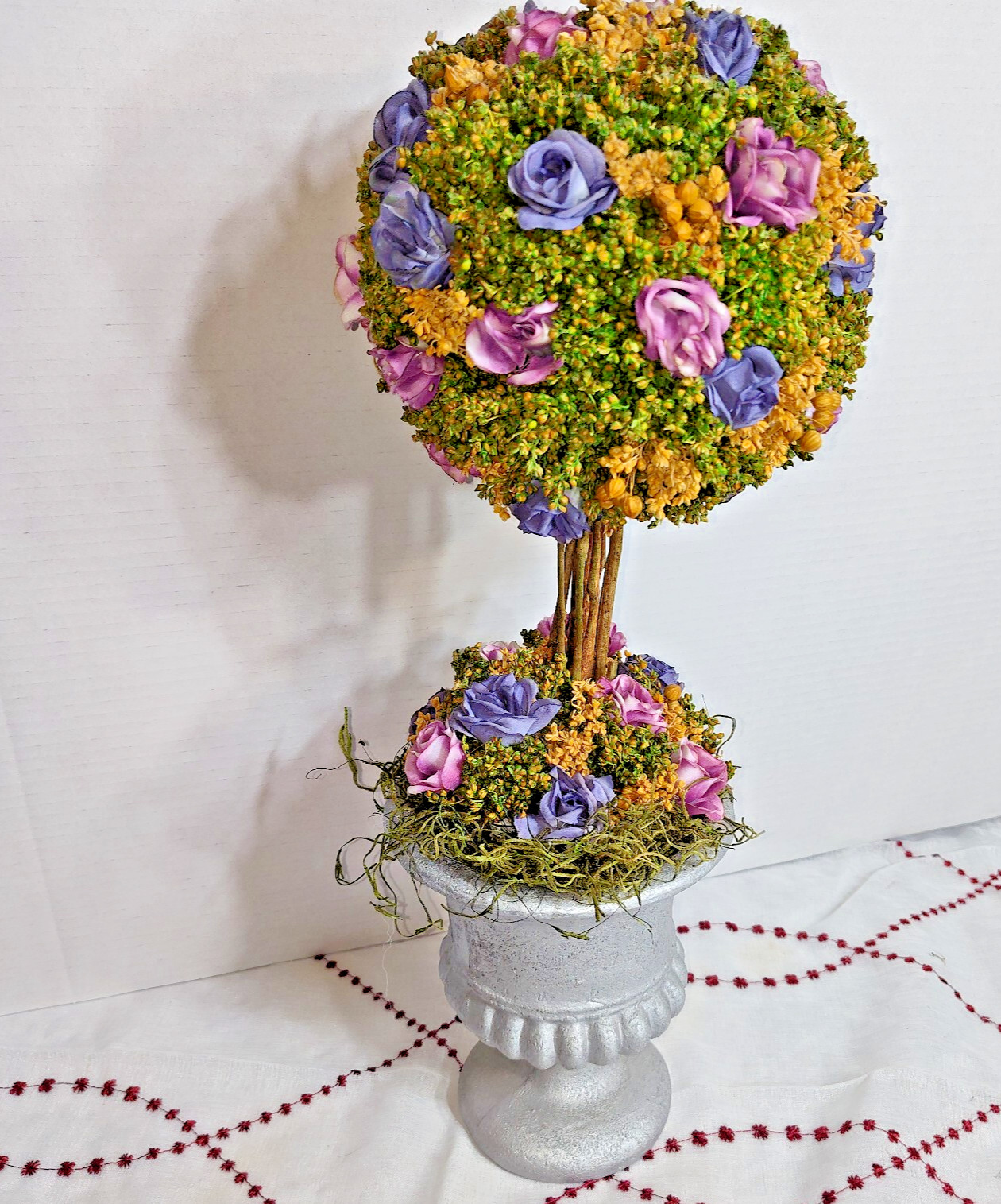 Decorative Floral Topiary in Silver Urn Pot – Purple, Yellow & Green, 18″ Tall
