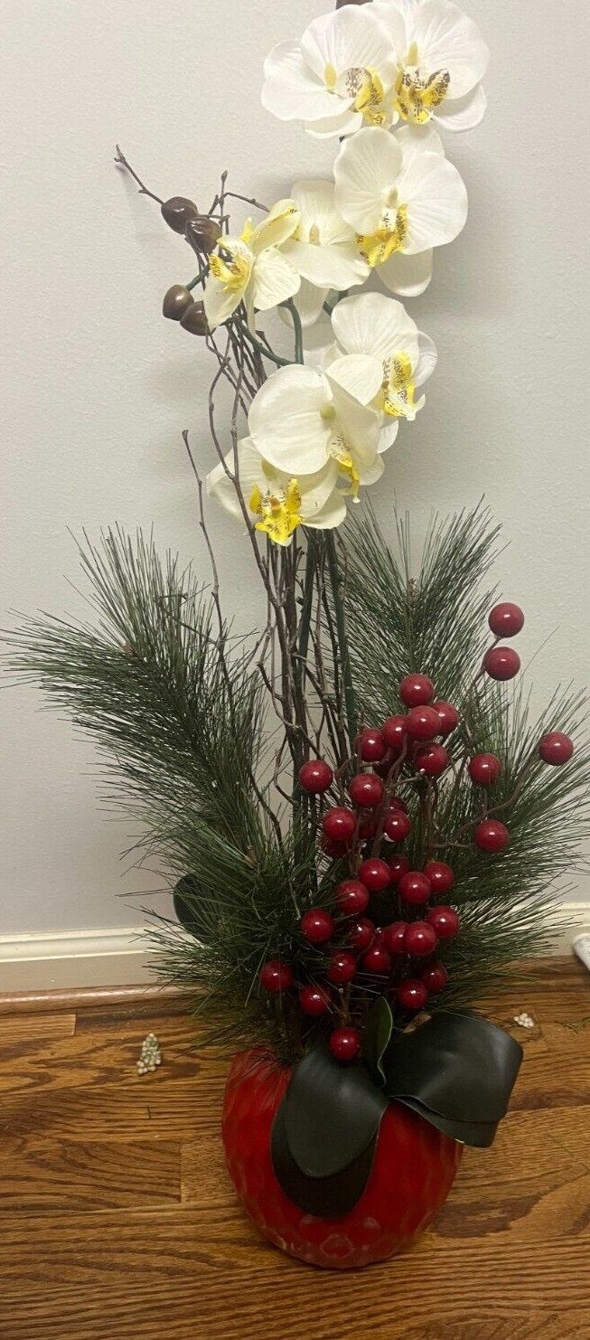 Christmas Orchid Pine Berry Floral Arrangements Mantle Topiary Ceramic Pots x2