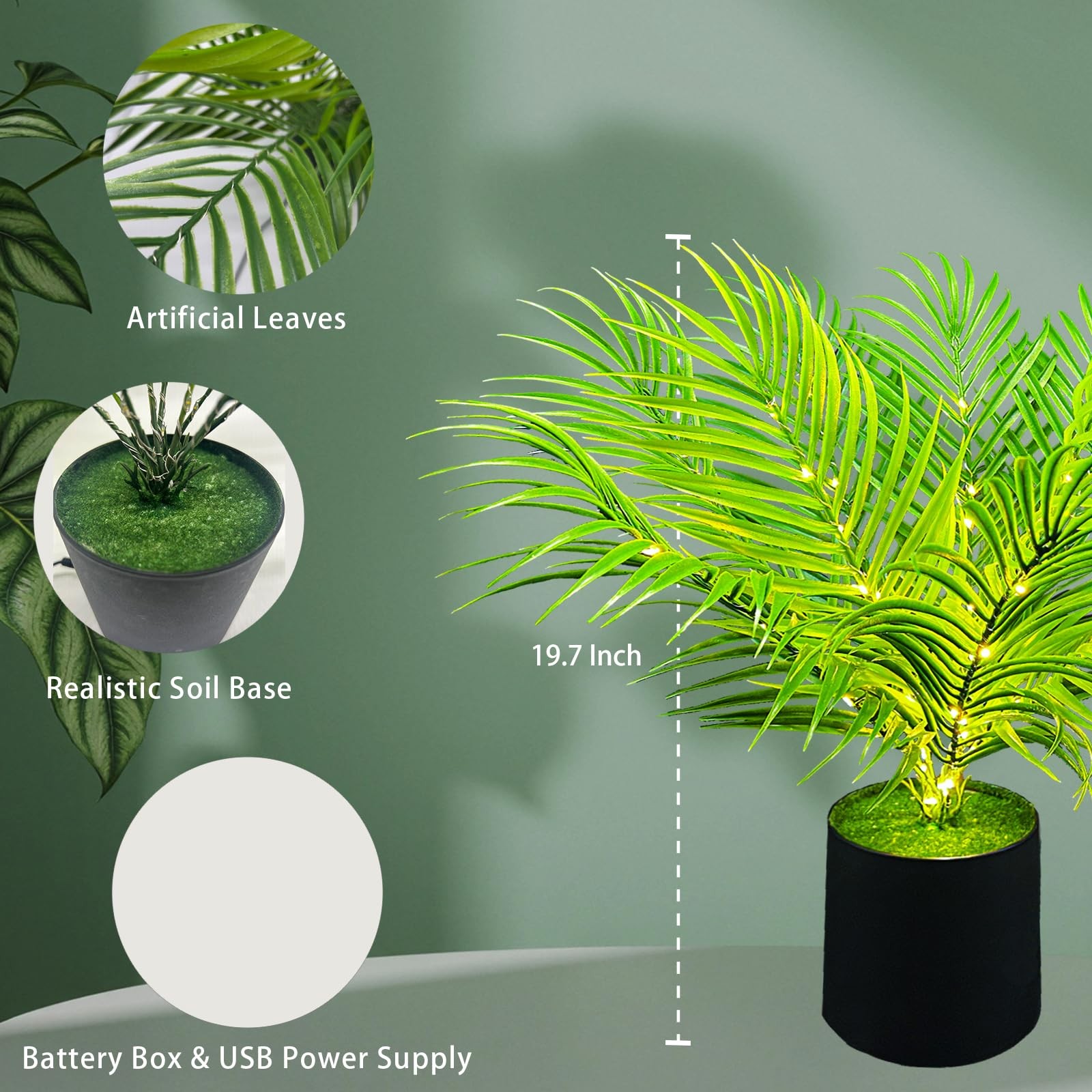 20-Inch LED Areca Palm Tree Faux Plant, USB Battery Powered