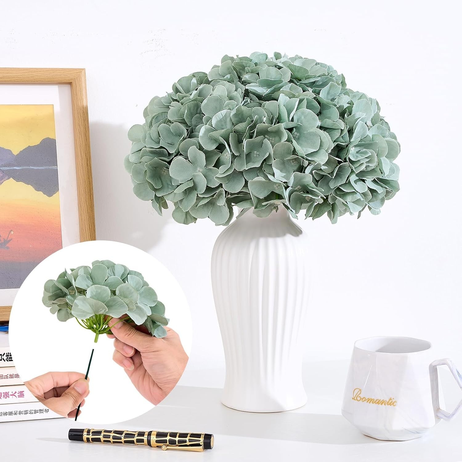 100ct Sage Green Artificial Hydrangea Blooms – Lush Silk Floral Wedding Decor