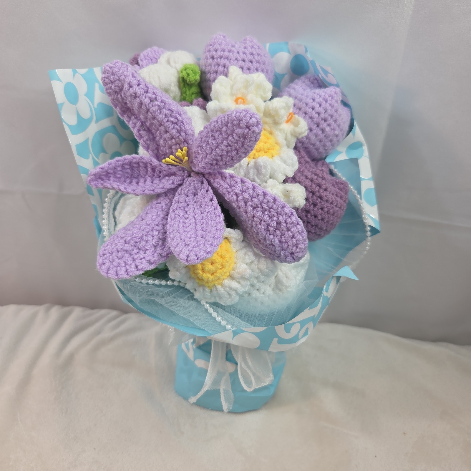 Crochet Flower Bouquet Purple Handmade Knitted Flowers Rose Tulips Bunch Bundle