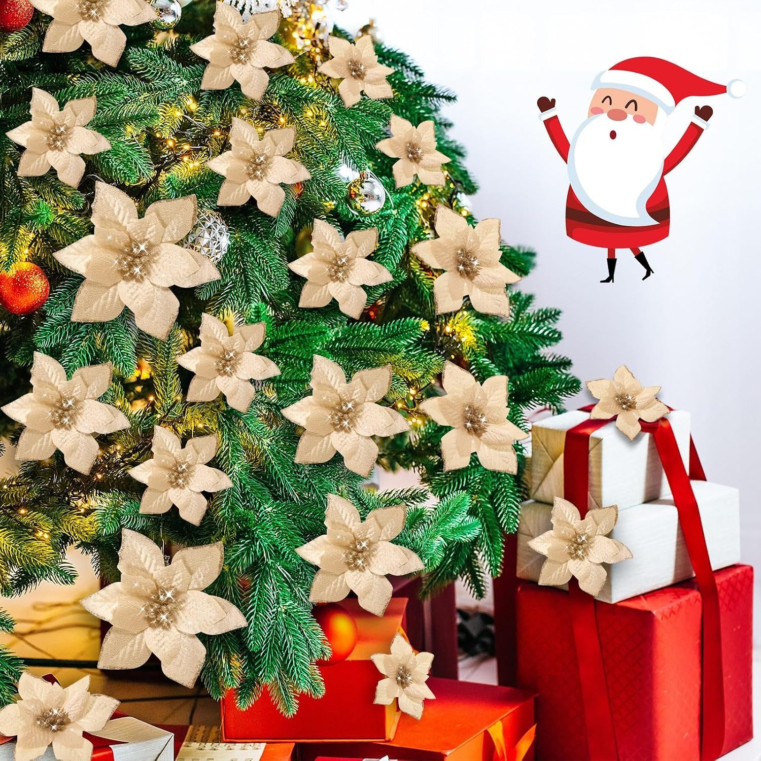 36 Pcs 3 Size Christmas Poinsettia Christmas Tree Flowers Glitter Faux Flower…