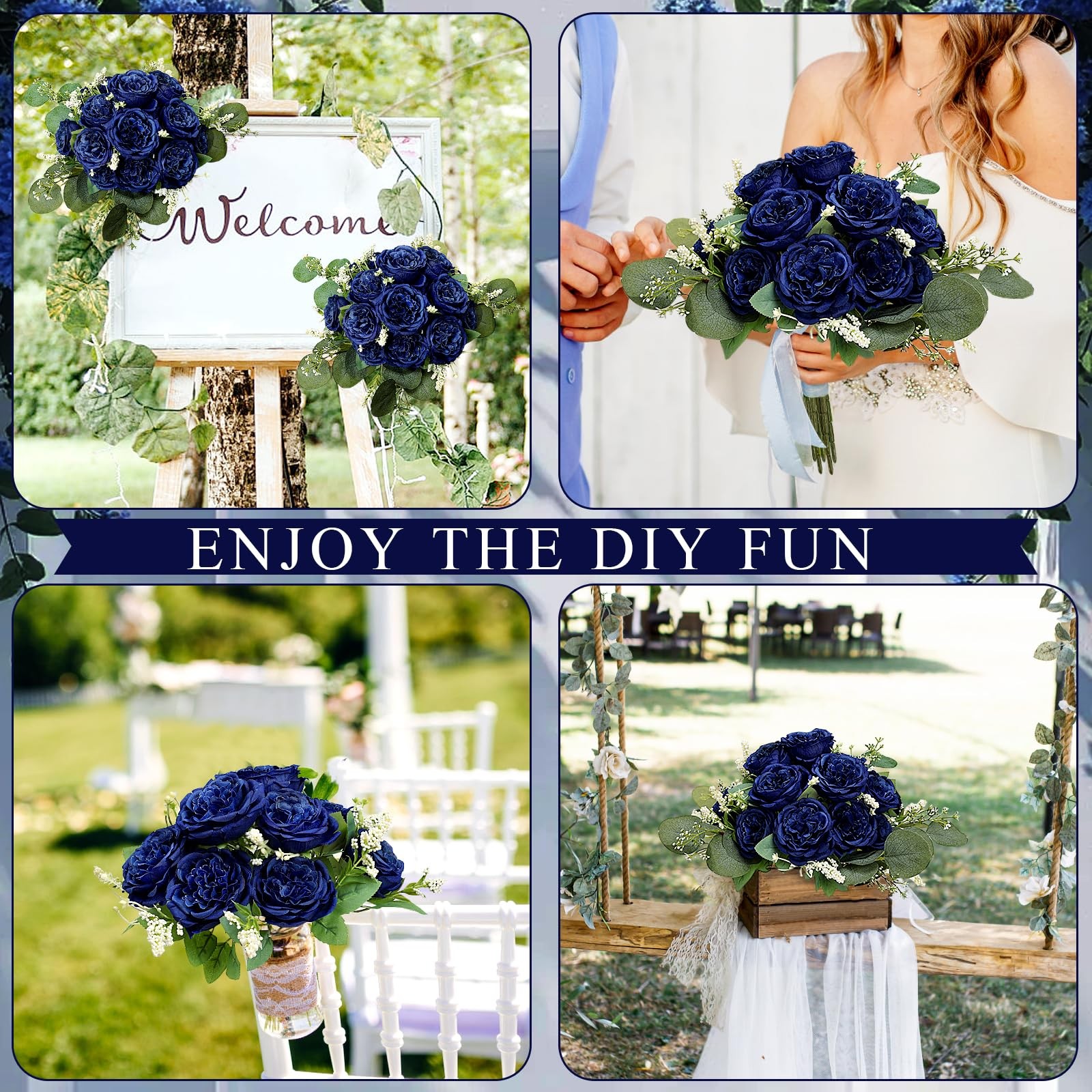12 PCS Navy Blue Peonies Artificial Flowers Fake Silk Faux Eucalyptus Bouquet