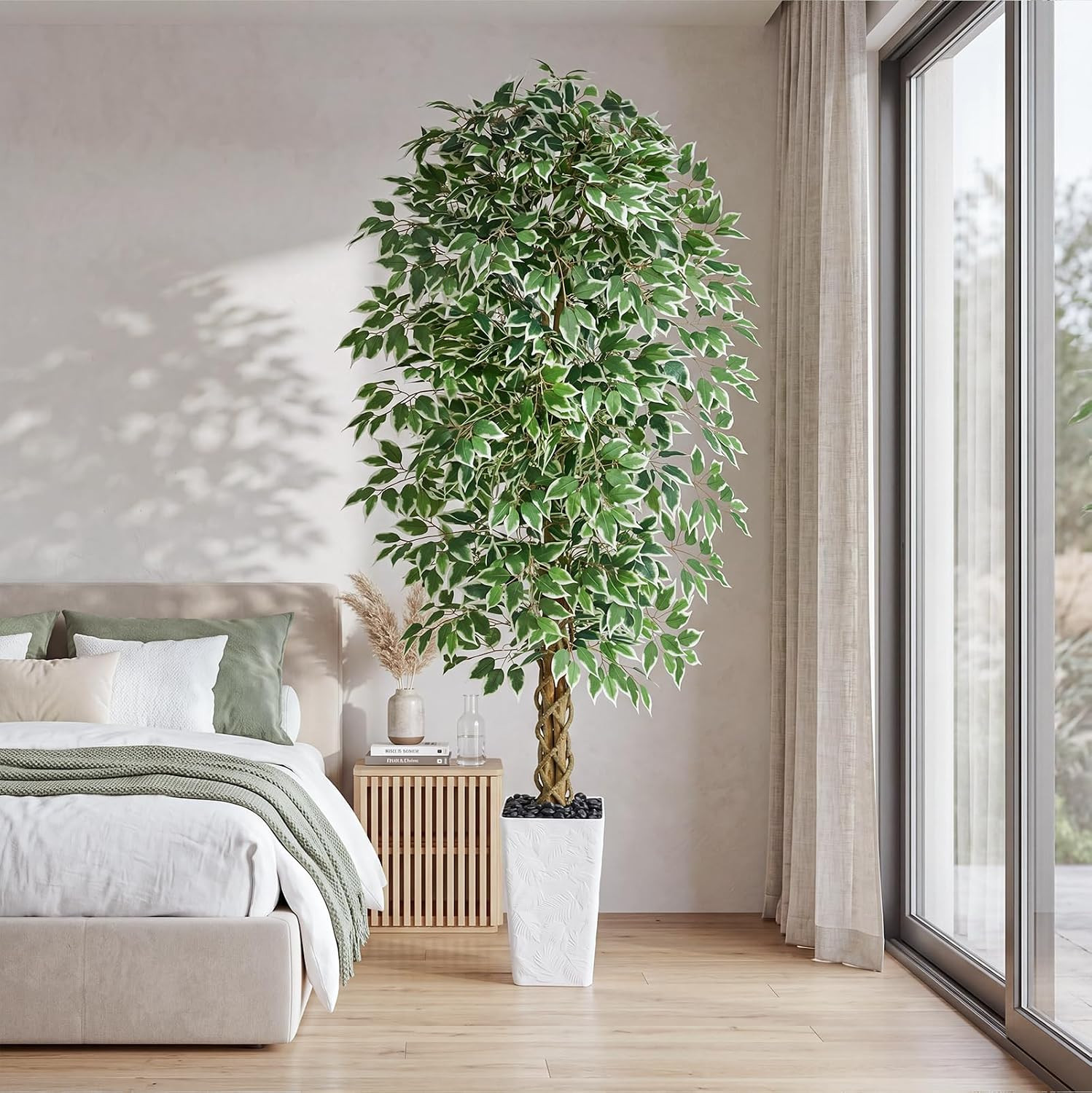 Artificial Ficus Tree, 7FT Faux Plants Indoor White Planter | Lifelike Green Lea