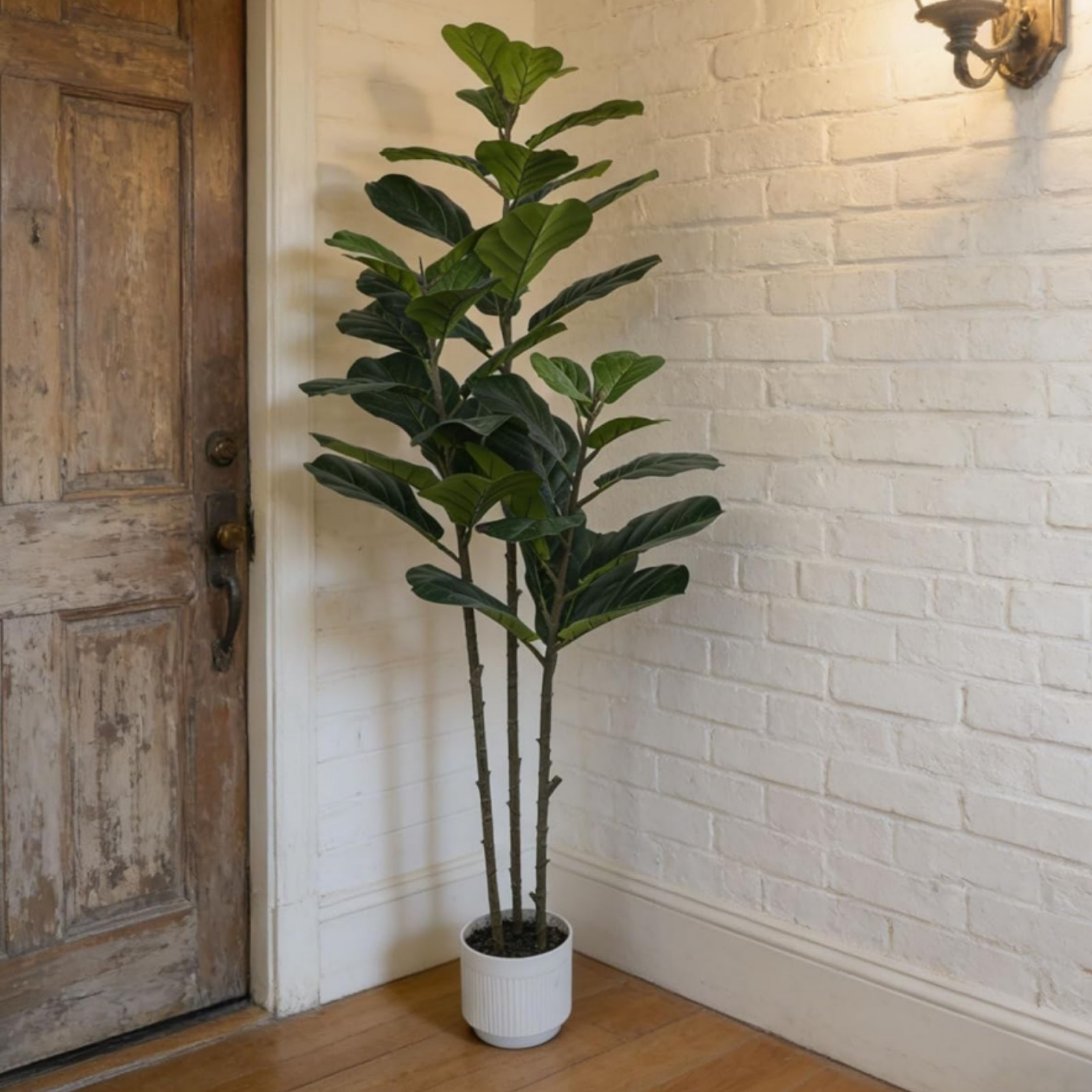 5FT Artificial Fiddle Tree Large Faux Ficus Tree W/White Planter Artificial Moss