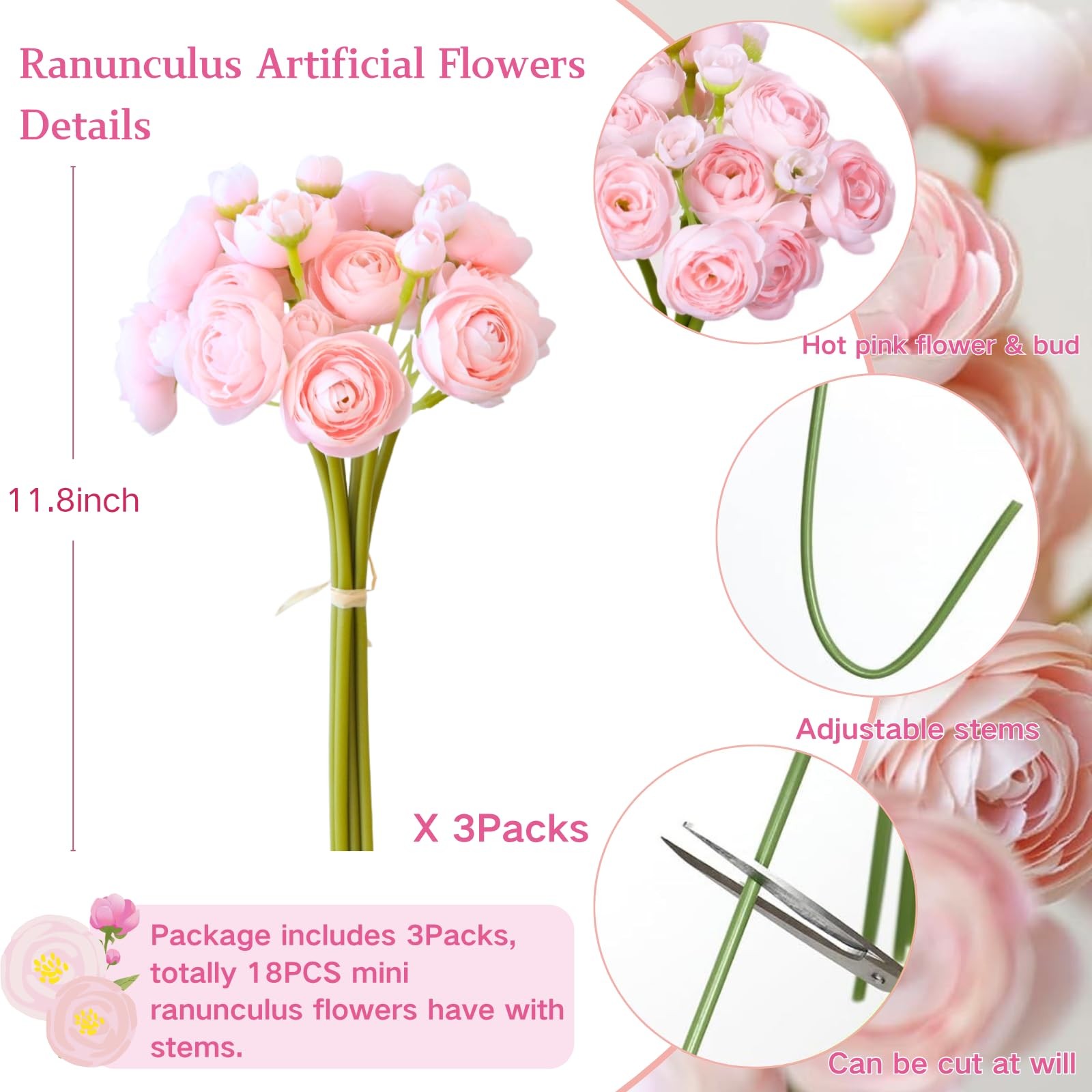 18 PCS Pink Blush Silk Mini Ranunculus Artificial Wedding Filler Flowers Decor