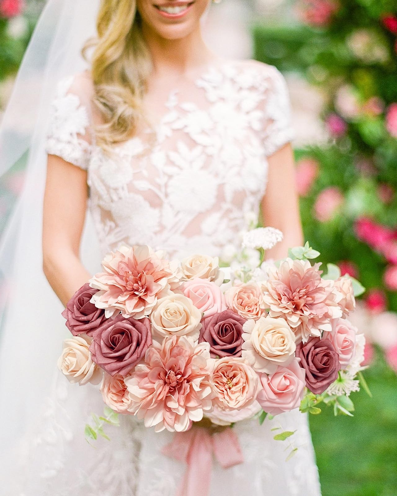 Dusty Blush Pink Roses Artificial Flowers, Fake Flower Bulk, DIY Wedding Bouquet