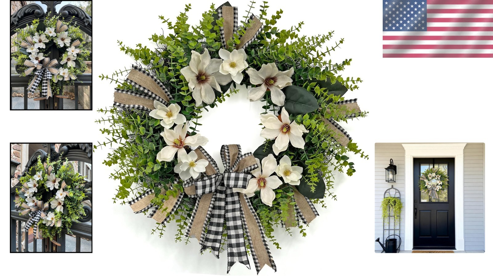 24 Inch Magnolia Wreath Farmhouse Door Decor Greenery Buffalo Plaid Bow
