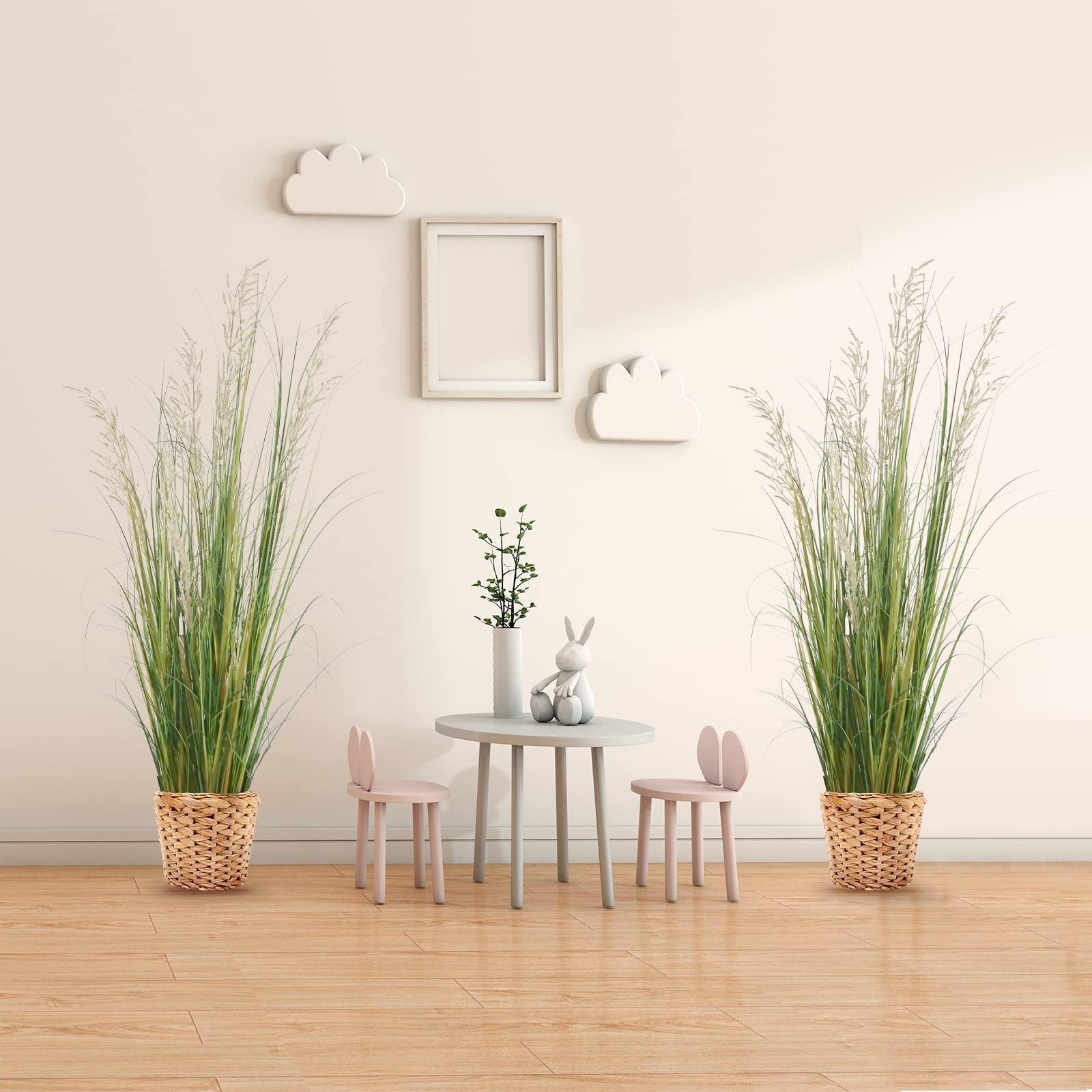 Artificial Grass Plant 47in Tall in Pot 2-Pack with 5 White Flowers – Indoor
