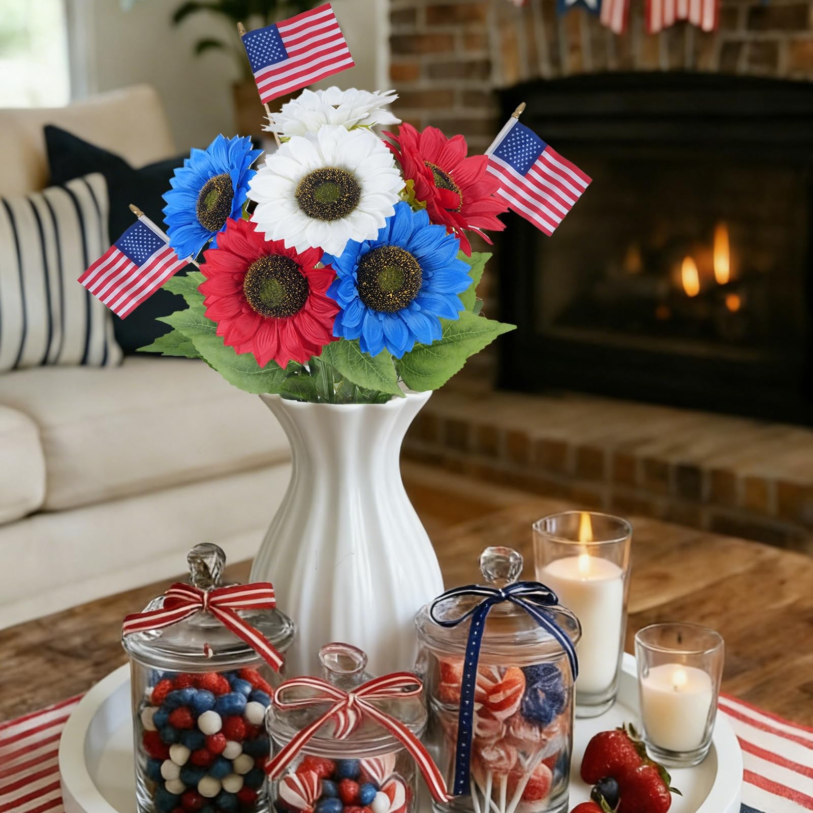 6PCS Patriotic Sunflower Bouquet – Red White and Blue Flowers with 3 American…