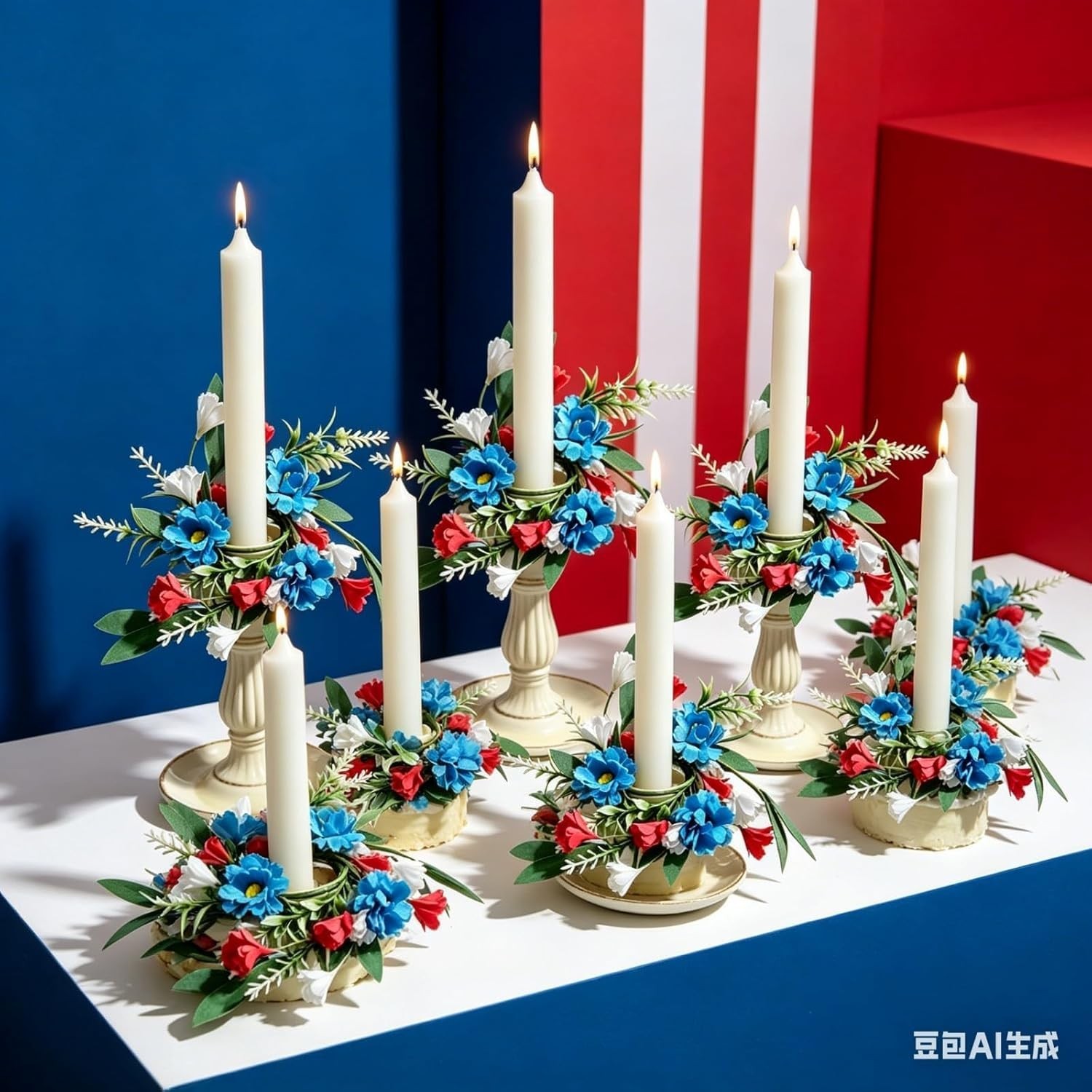 6 Pcs 1.38″ Mini Taper Candle Rings Wreaths 4th of July Table Decor Candle Holde