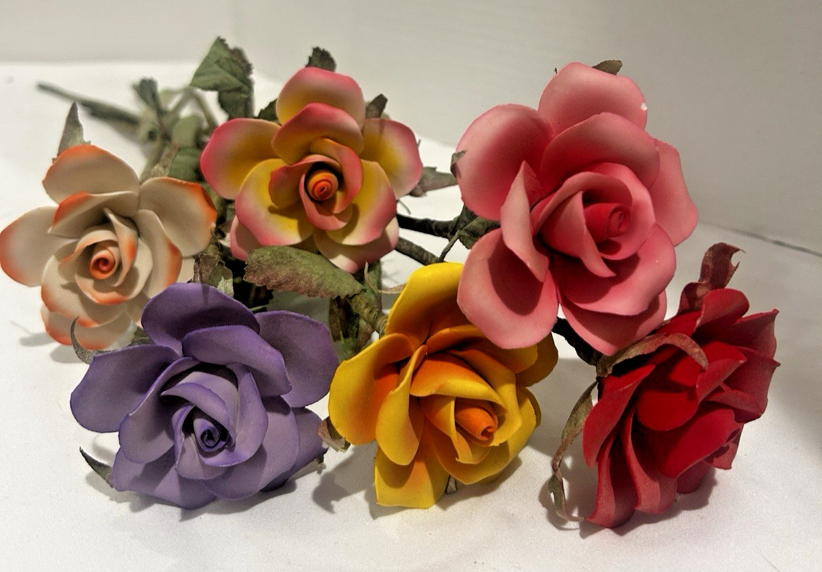 6 Vtg Porcelain Long stem roses silk leaves and wire stems-unique find!