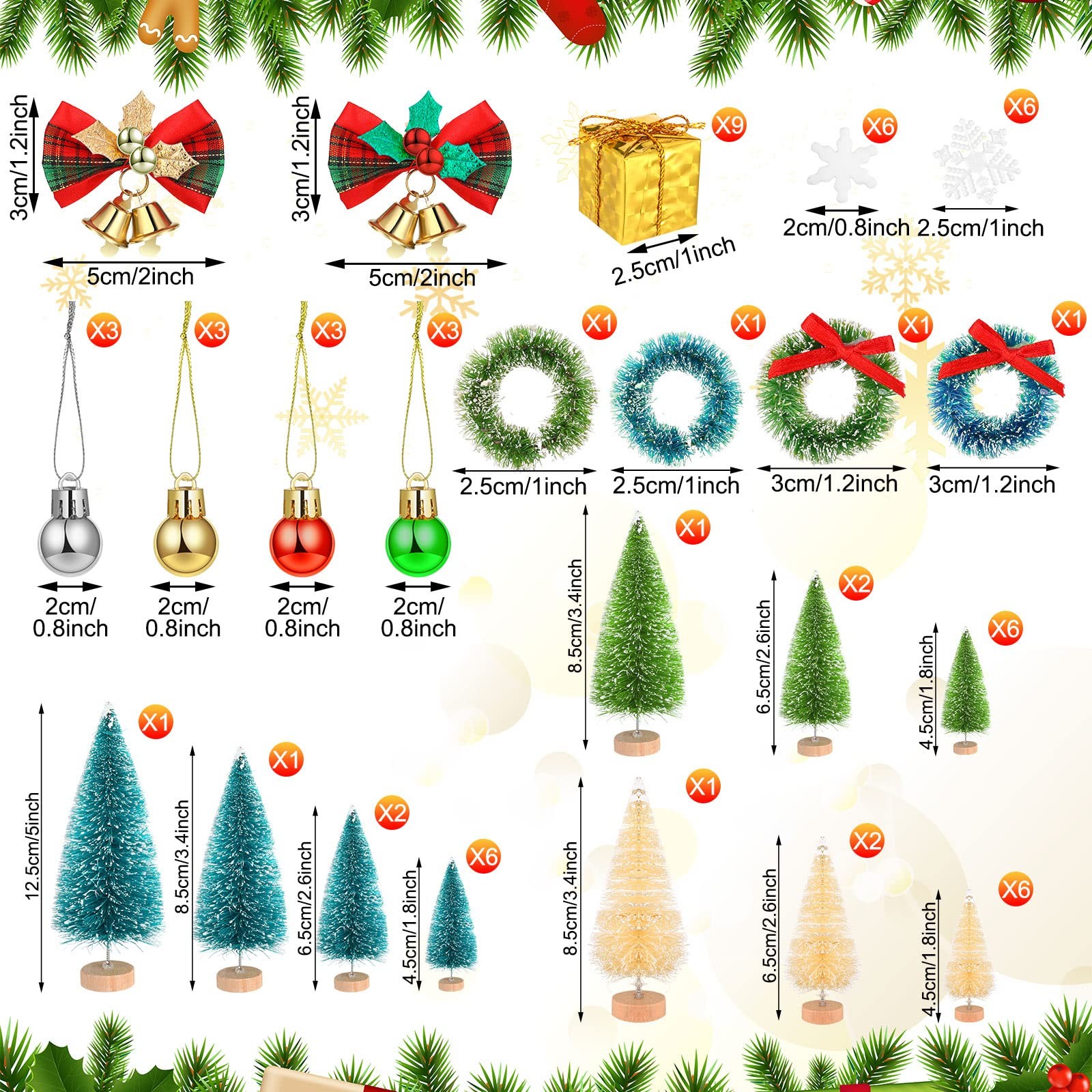67 PCS Miniature Christmas Trees Set Artificial Wood Base Mini Sisal Frosted