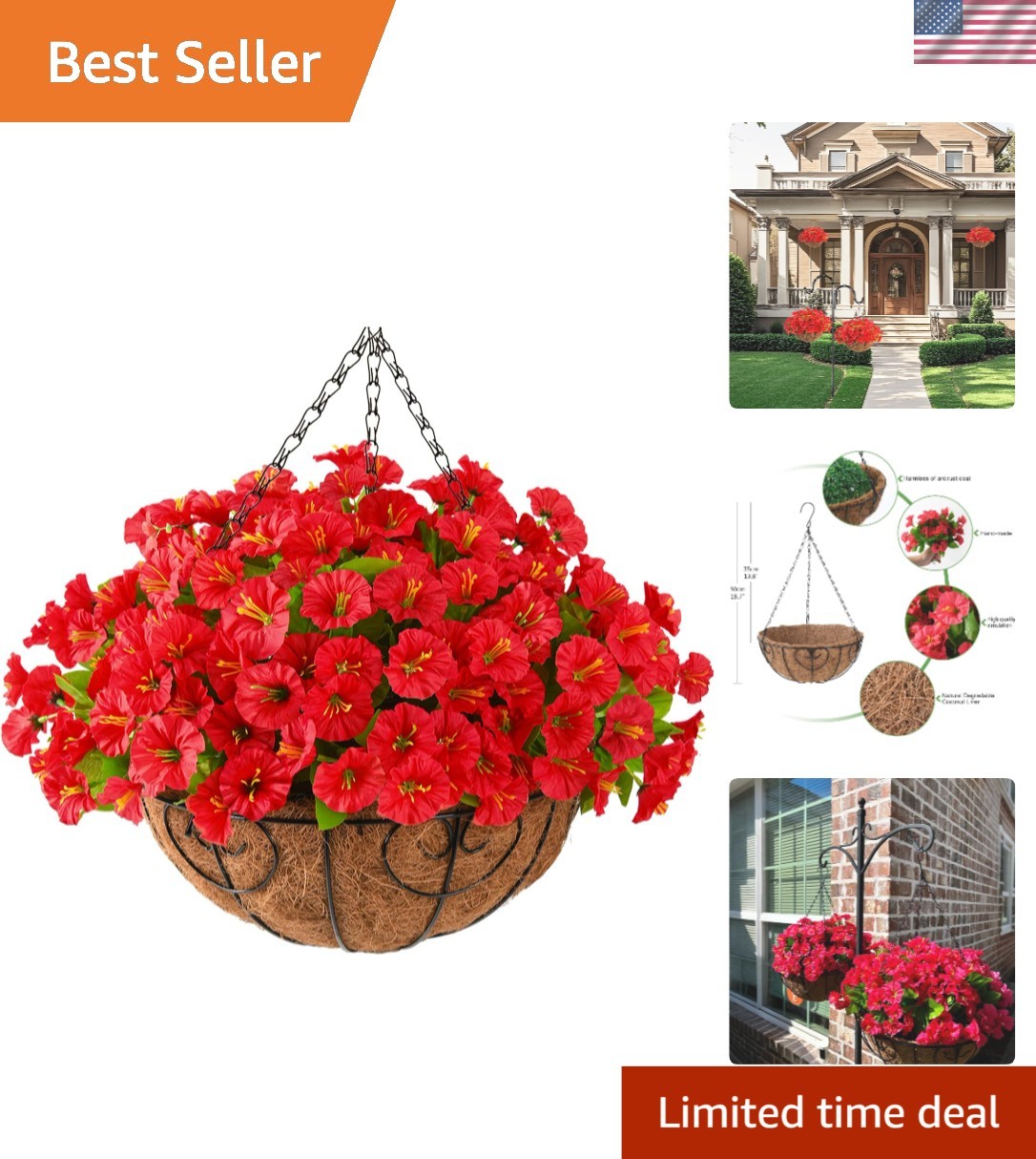 Weather-Resistant Hanging Flower Basket with Realistic Silk Petunias – 12-Inch
