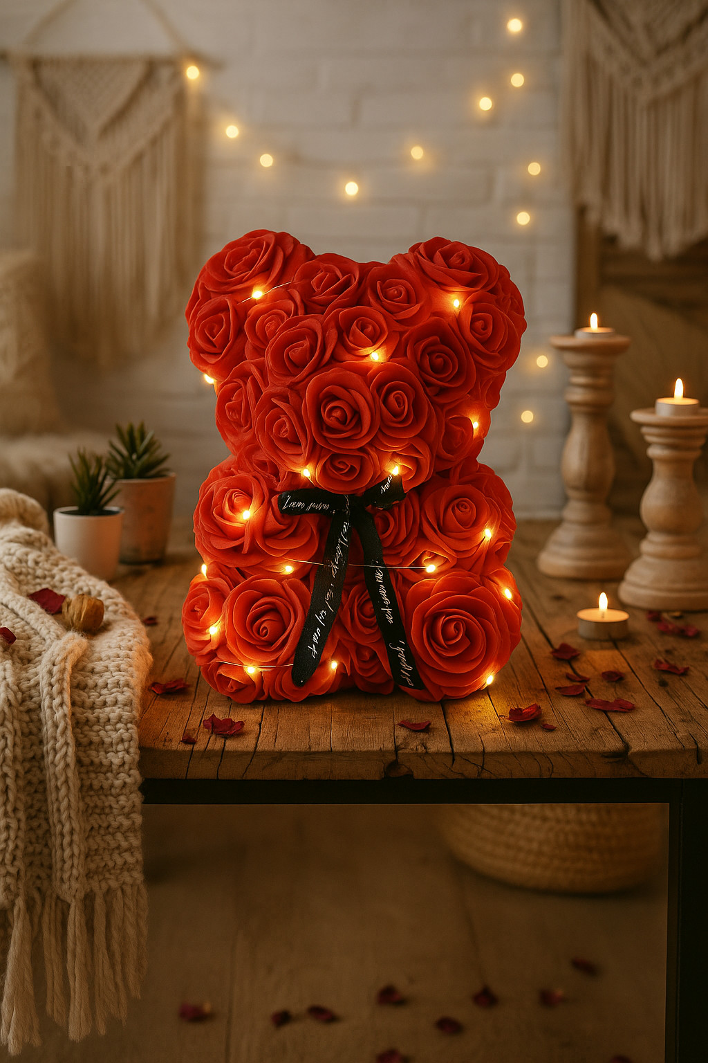 Light Up Foam Rose Bear 25cm w/ Gift Box Ribbon Warm LED Lights Valentine Gift