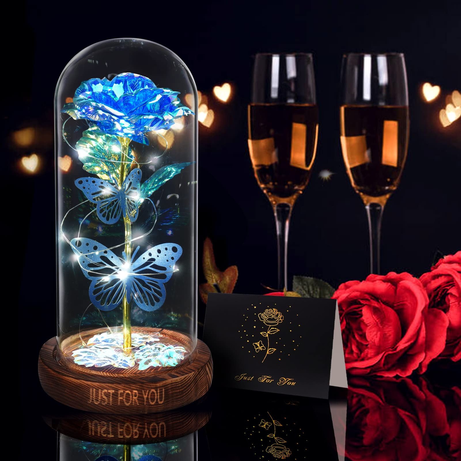WOKEISE Light Up Rose Butterfly in Glass Dome, Mothers Small, Dome-blue